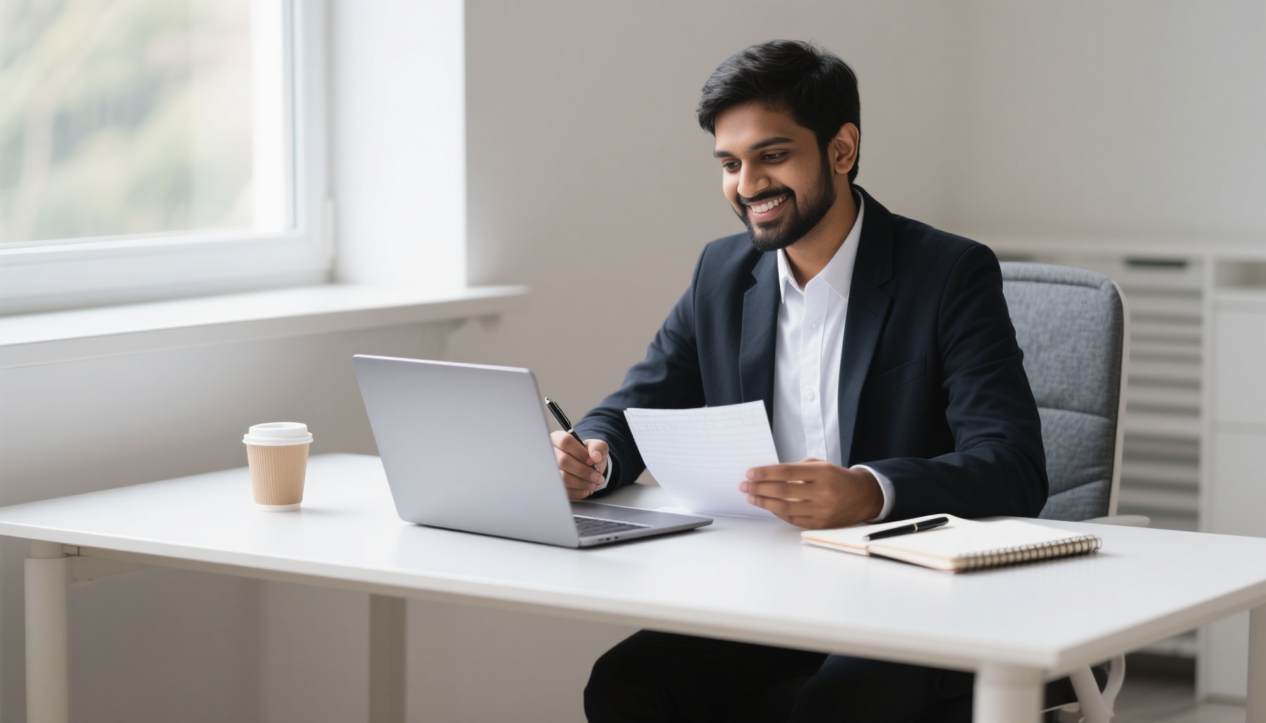 Confident professional preparing for interview with laptop and notes