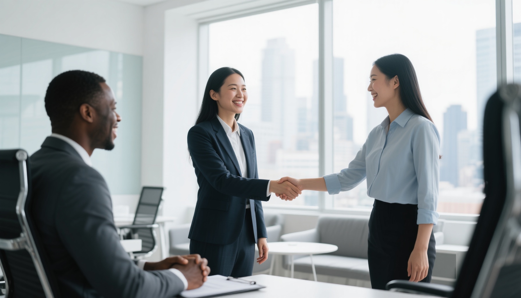 Successful interview handshake between candidate and interviewer