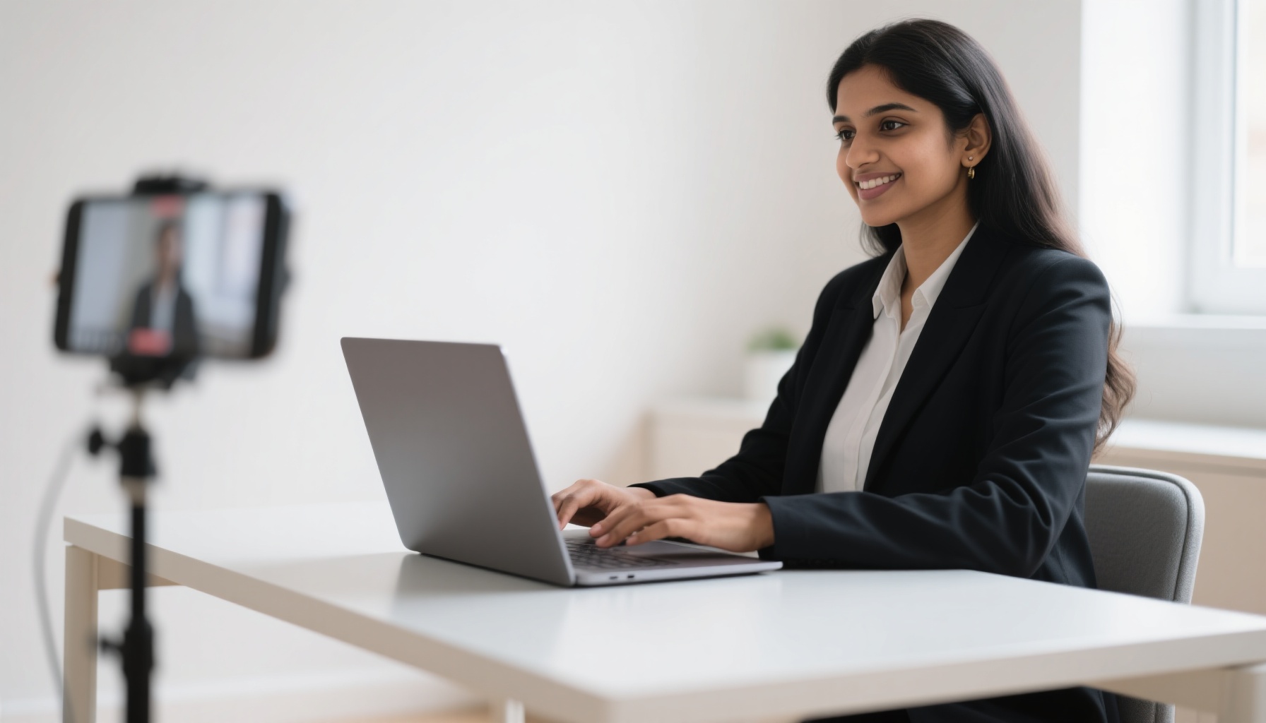 Person using laptop for online interview practice
