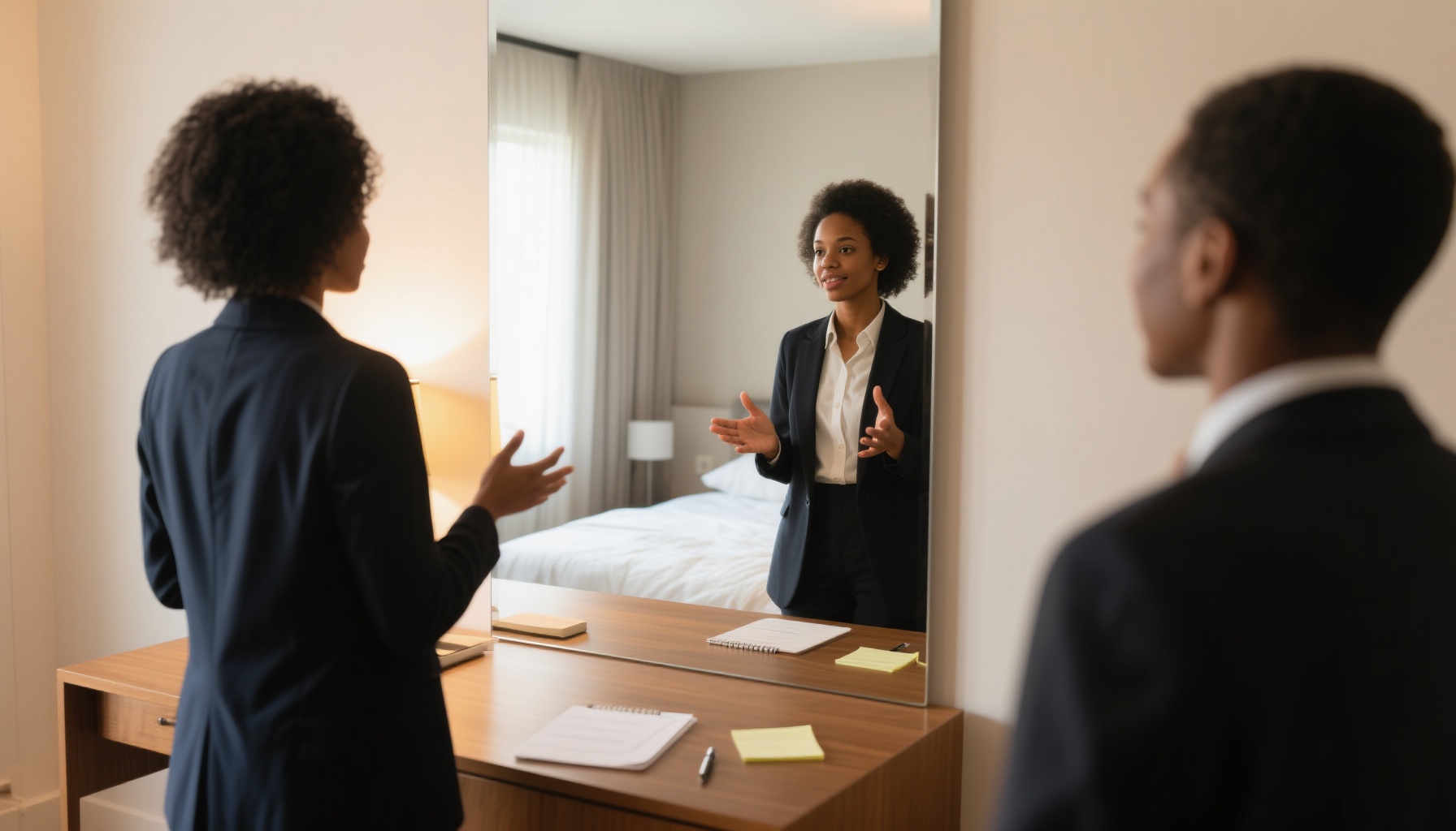 Professional woman practicing interview skills in front of mirror