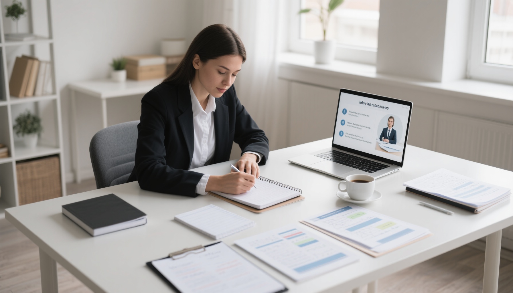 Professional preparing for interview with organized notes and laptop