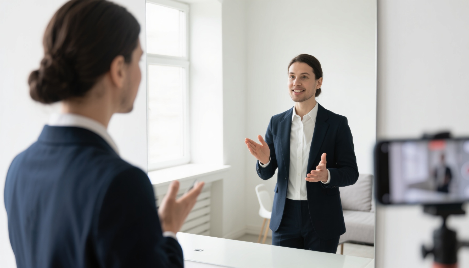 Person practicing interview responses in front of mirror