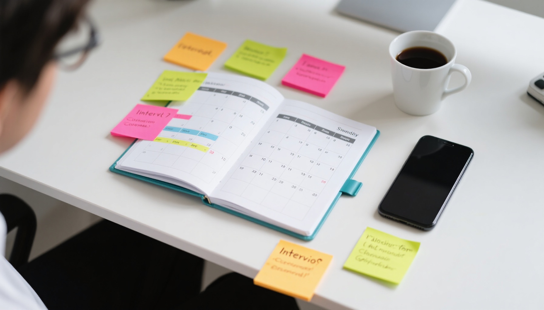 Calendar and notes showing interview preparation schedule
