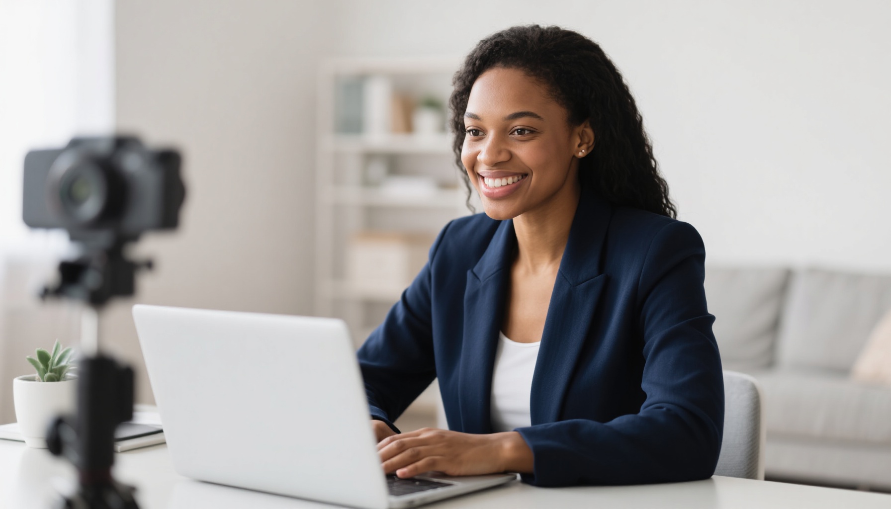 Professional confidently answering questions during virtual interview