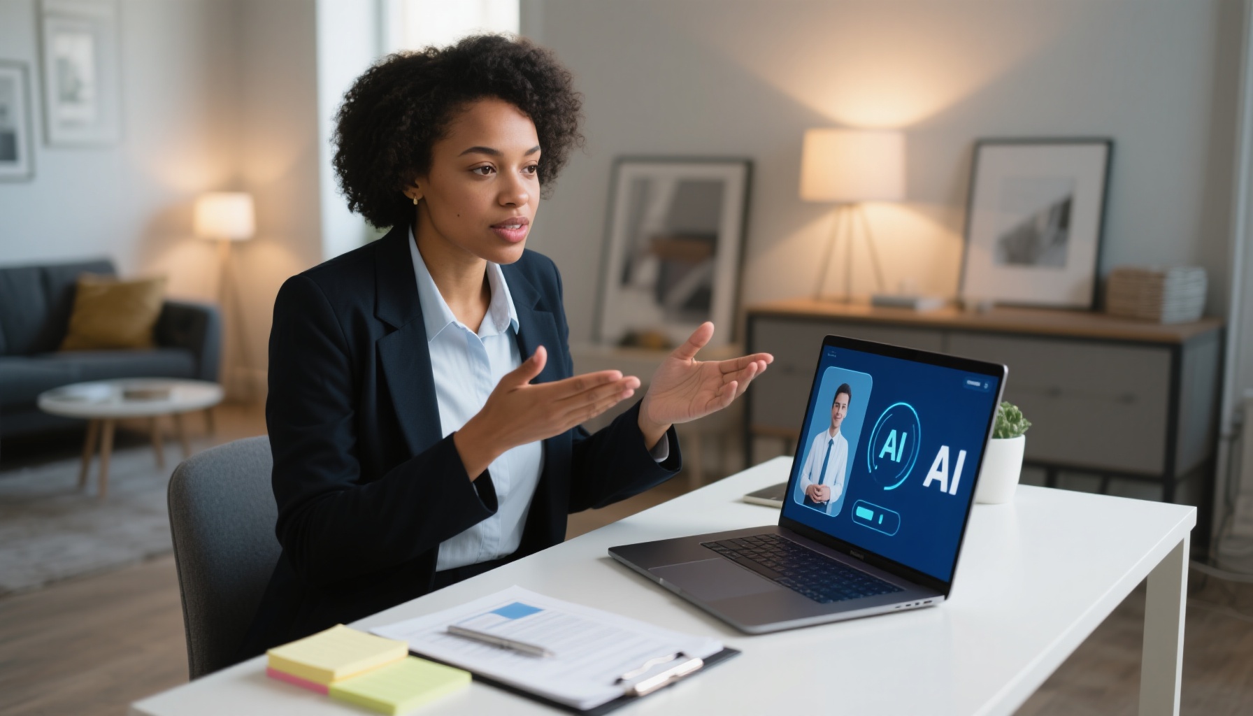 Job candidate practicing interview responses with AI technology assistance