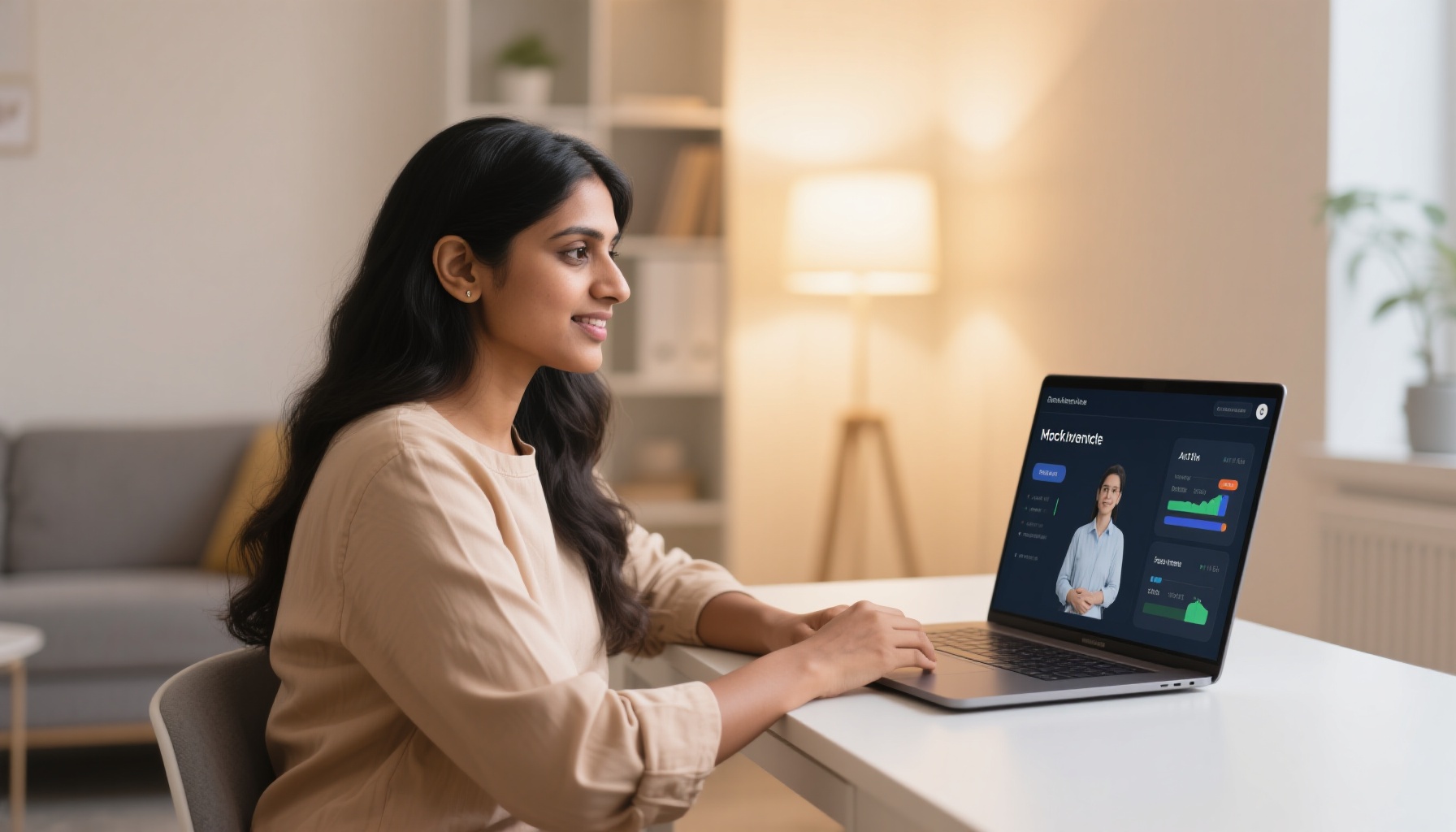 Person using AI interview practice software on laptop