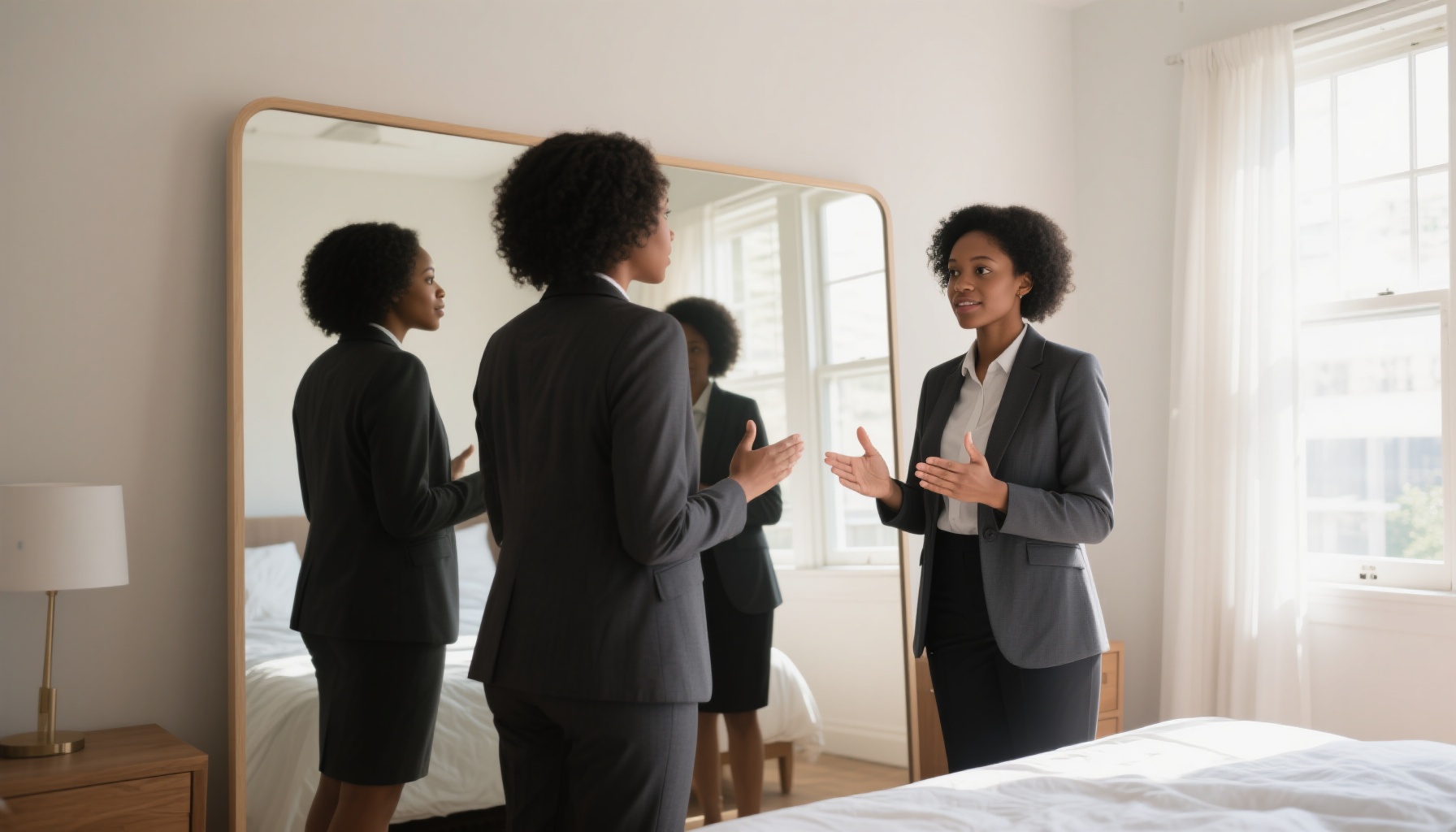 Professional woman practicing interview responses in front of a mirror