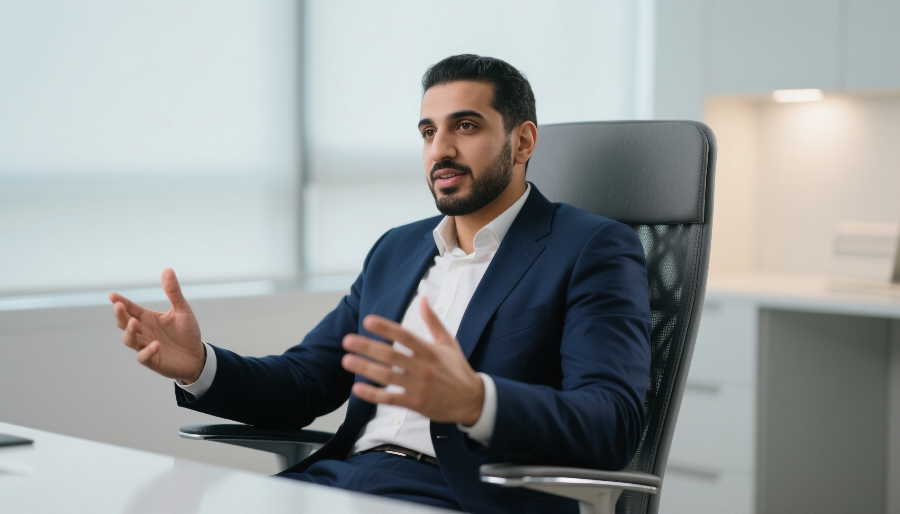 Professional man practicing interview responses with calm confidence