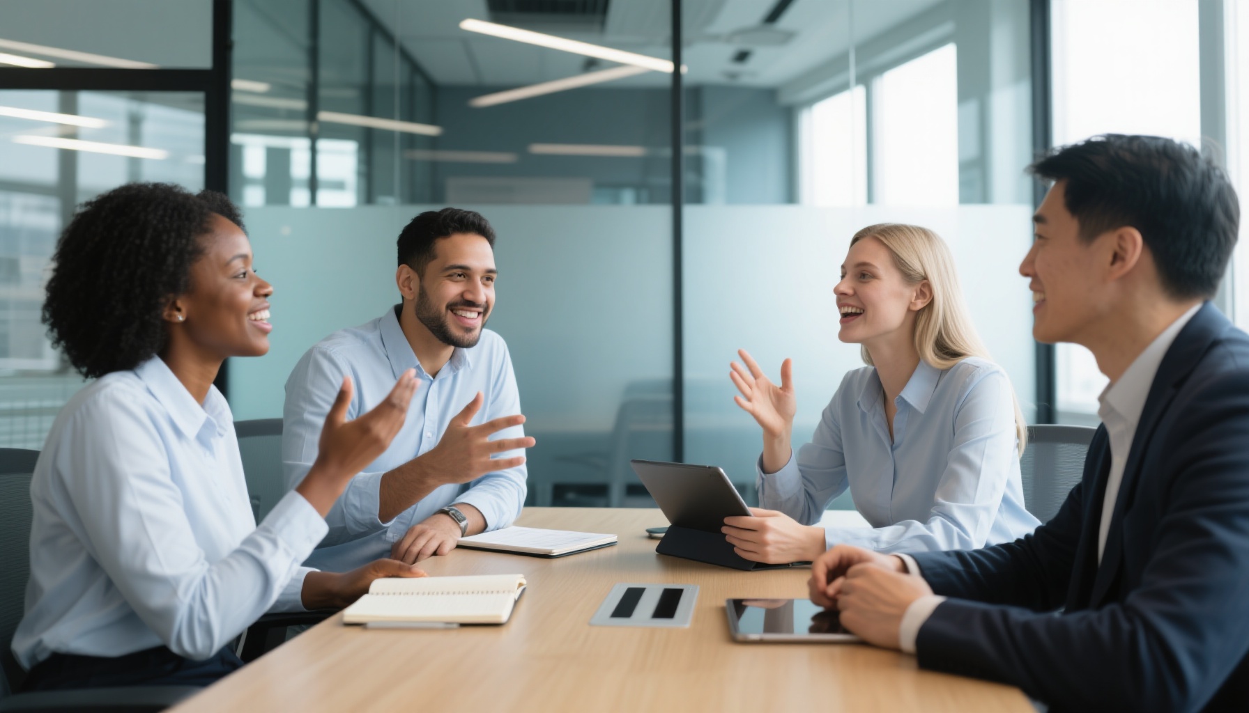 Diverse group of professionals in a collaborative meeting discussion