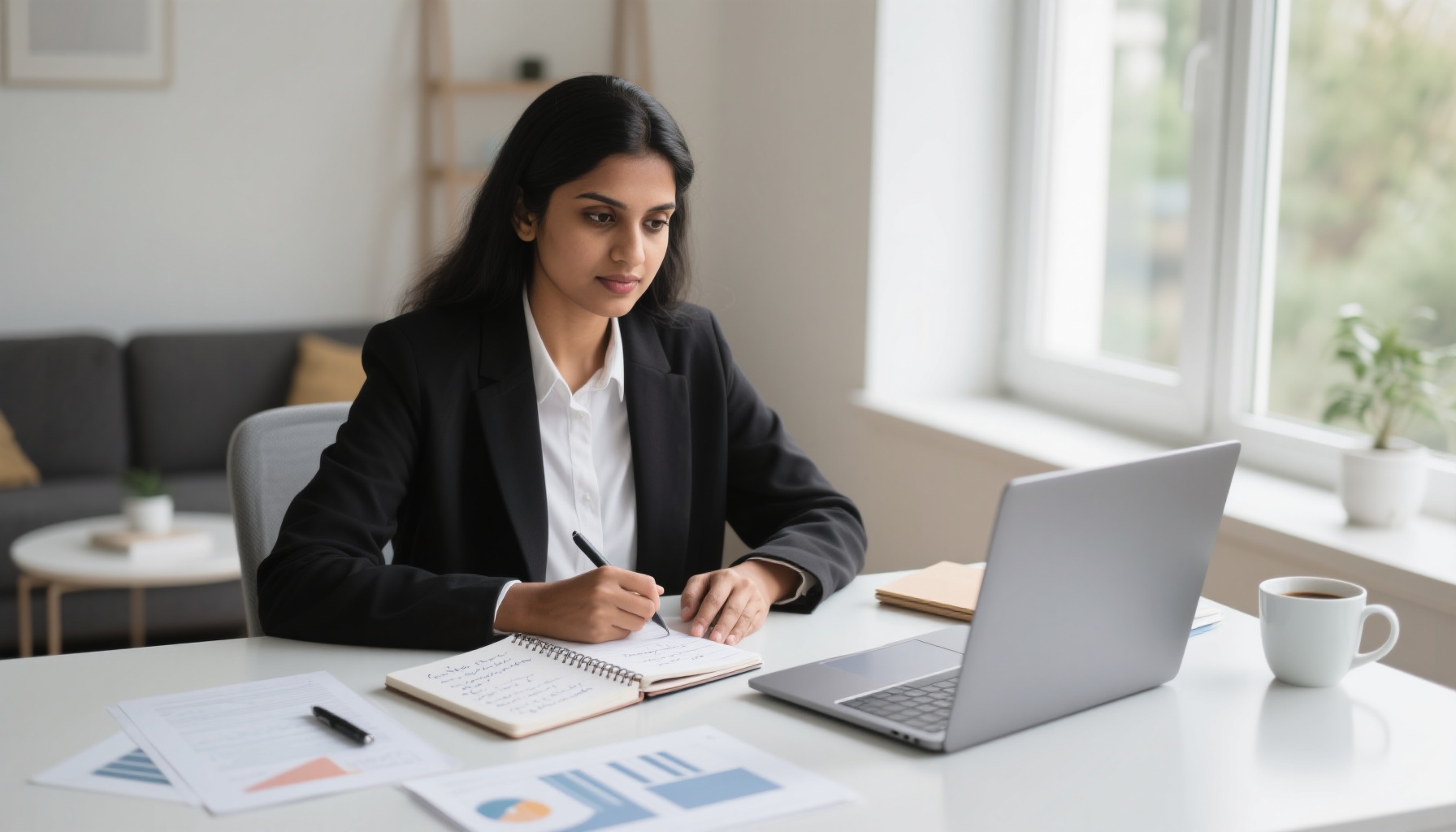Professional woman preparing for interview with notes and laptop