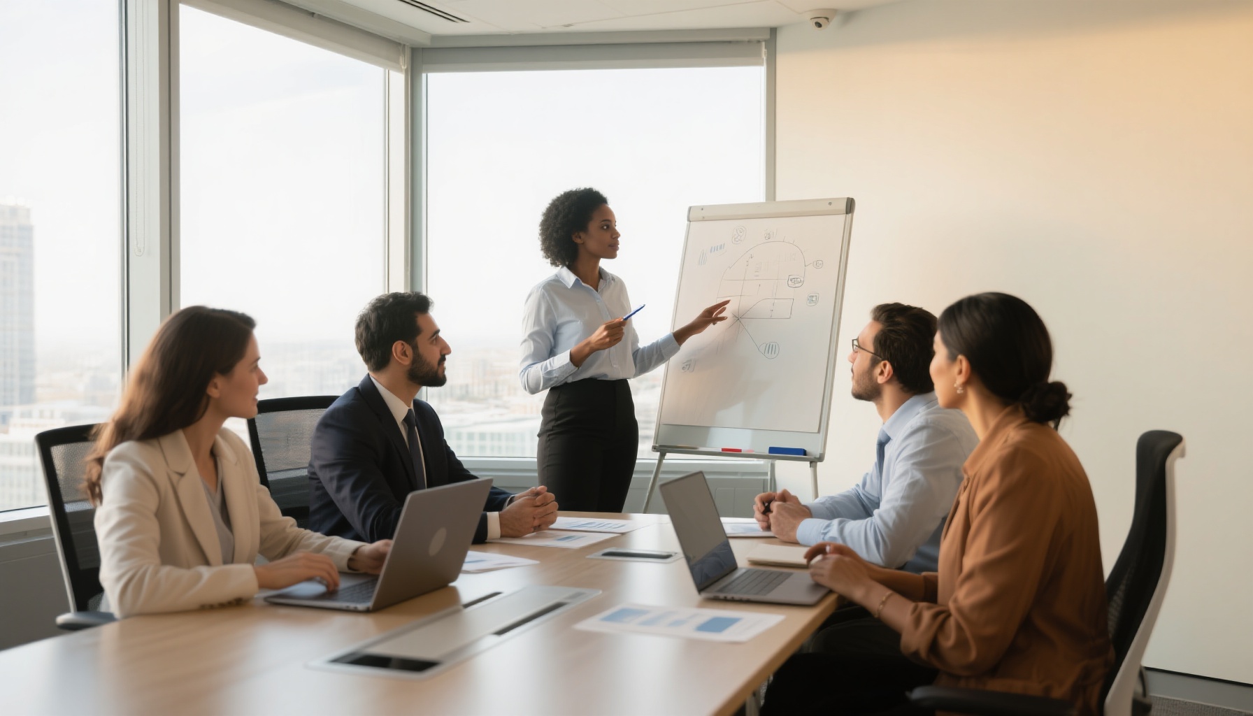 Diverse team having a productive meeting in modern conference room