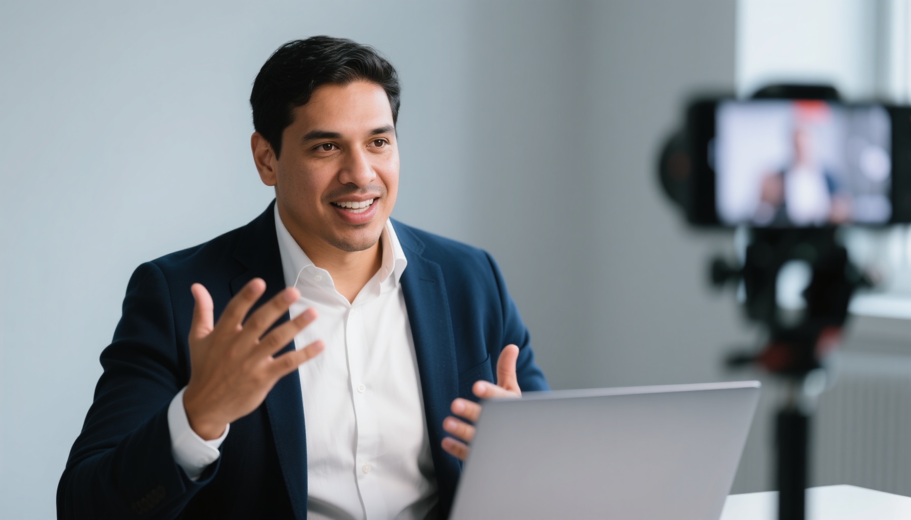 Professional man confidently presenting during video interview