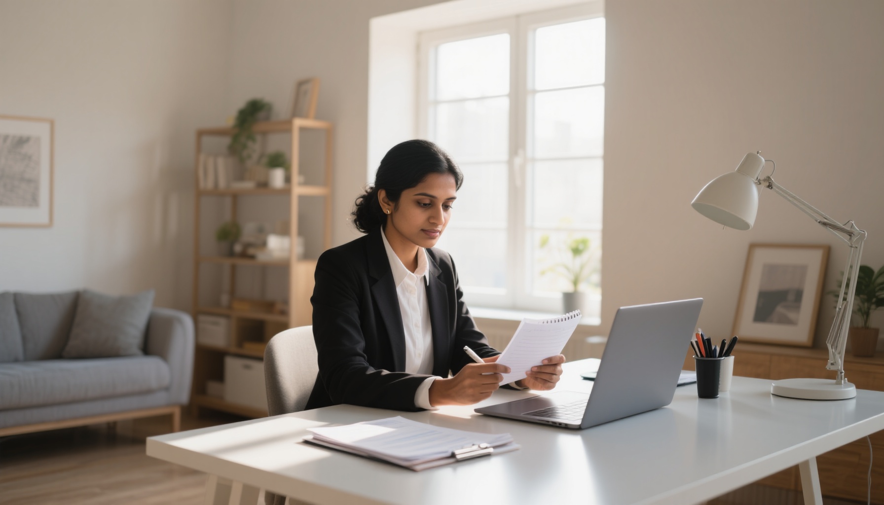 Professional job candidate preparing for interview with confidence