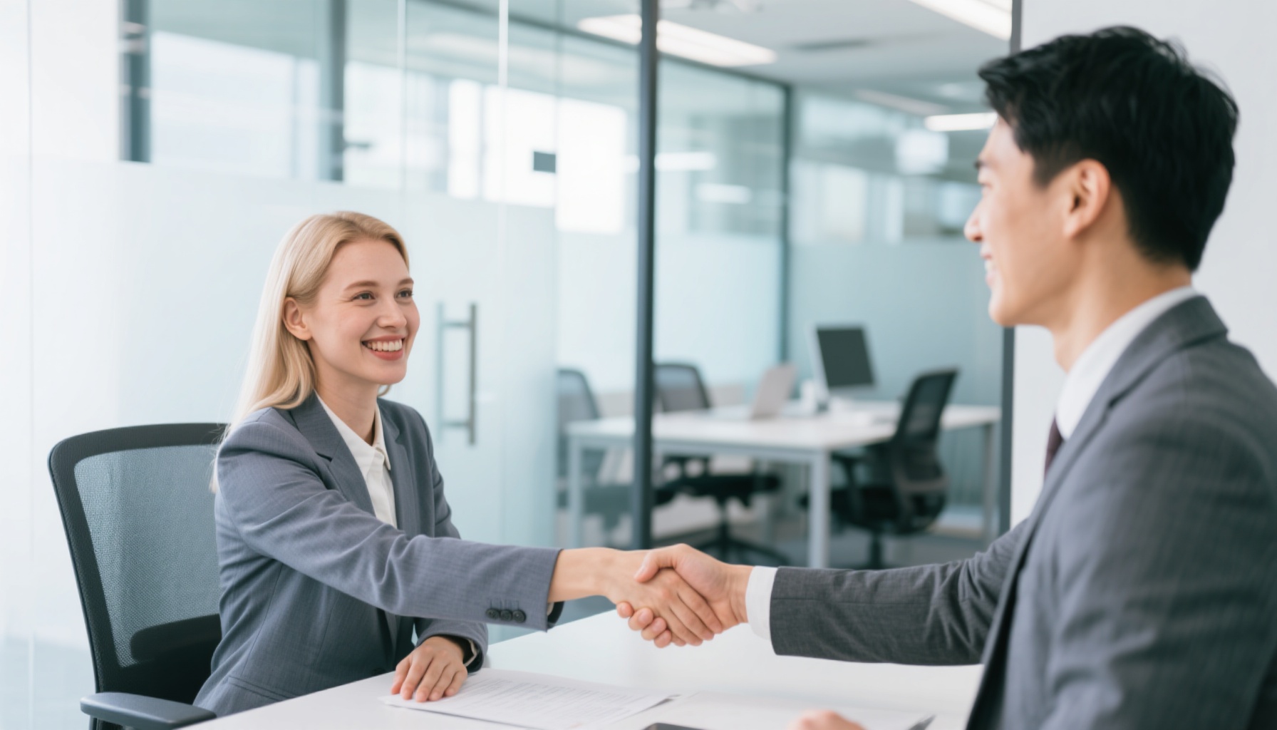 Successful job interview handshake between interviewer and candidate