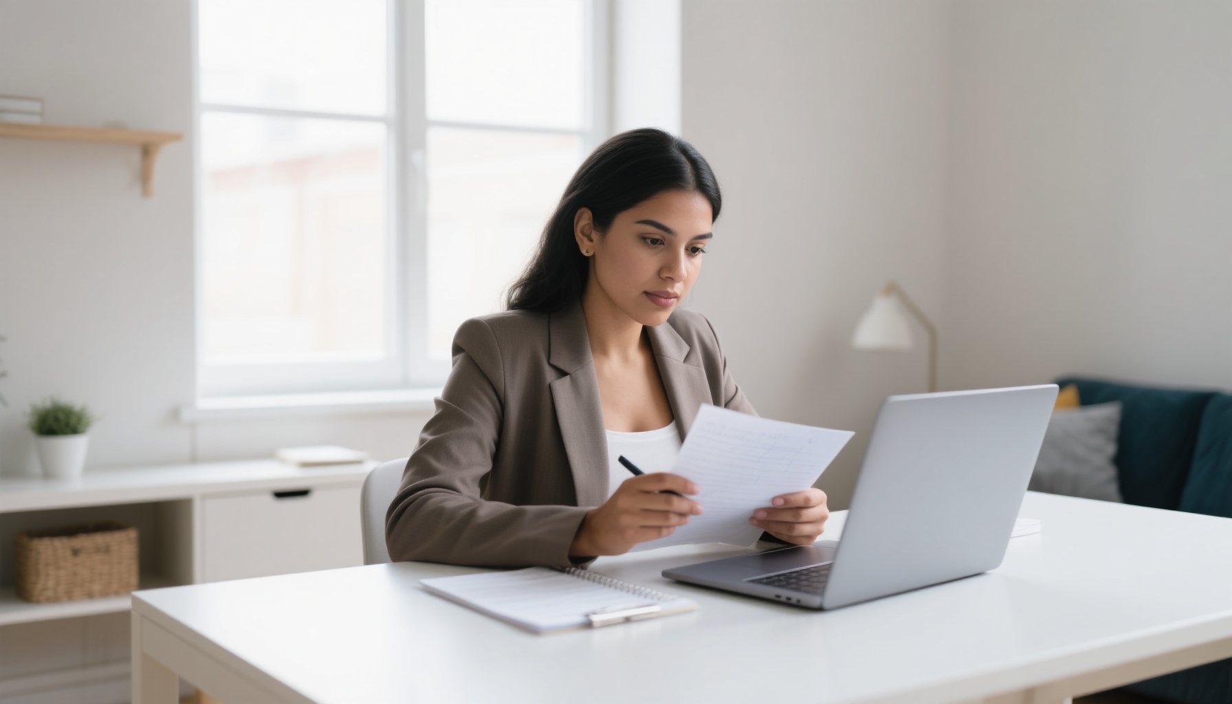 Professional woman preparing for job interview with notes and laptop