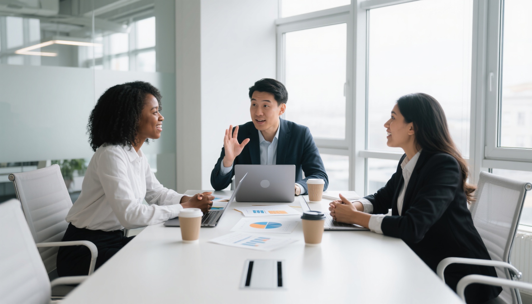 A diverse group of professionals collaborating on a project in a bright office