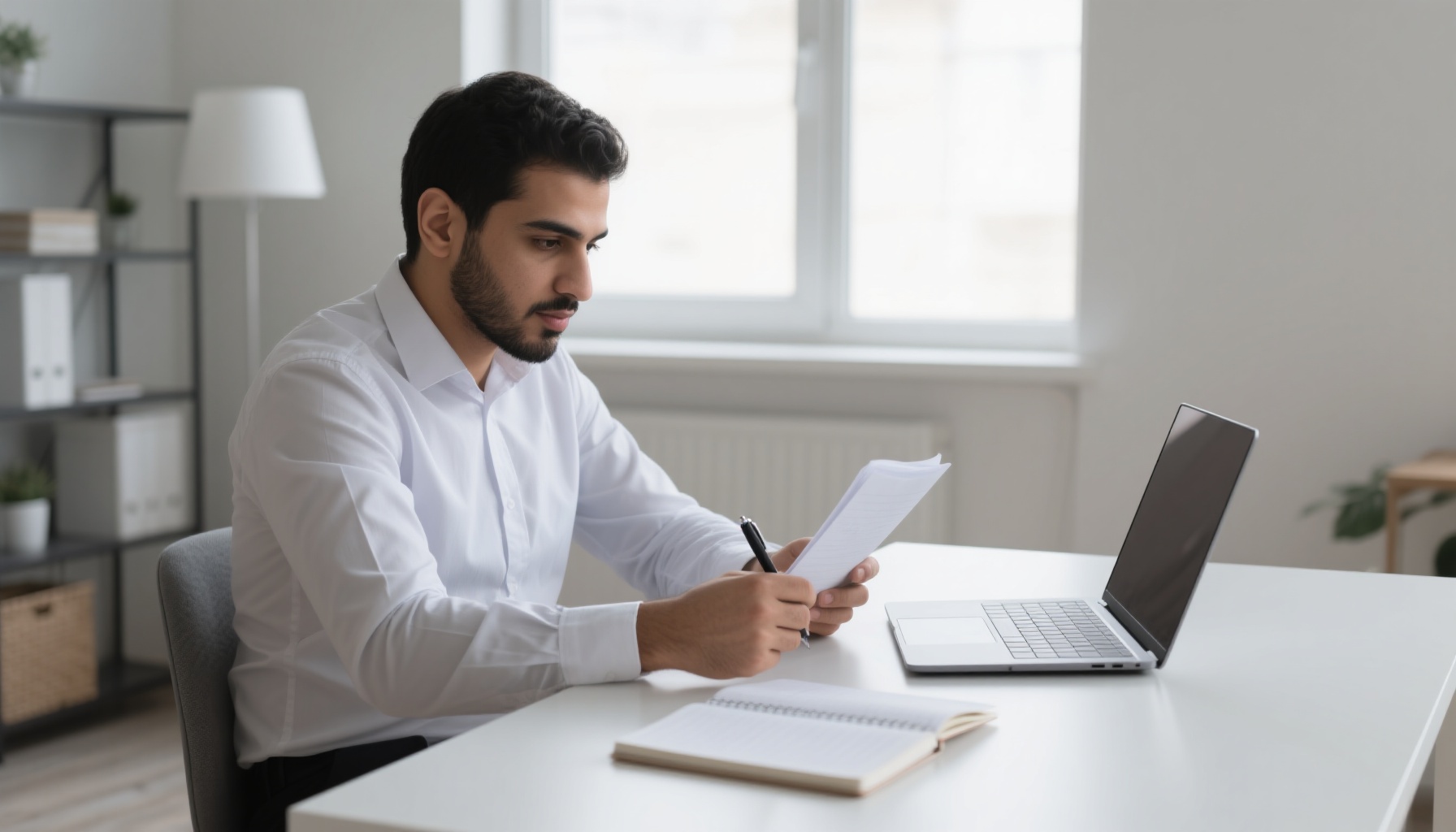 A confident professional preparing for an interview at a clean desk