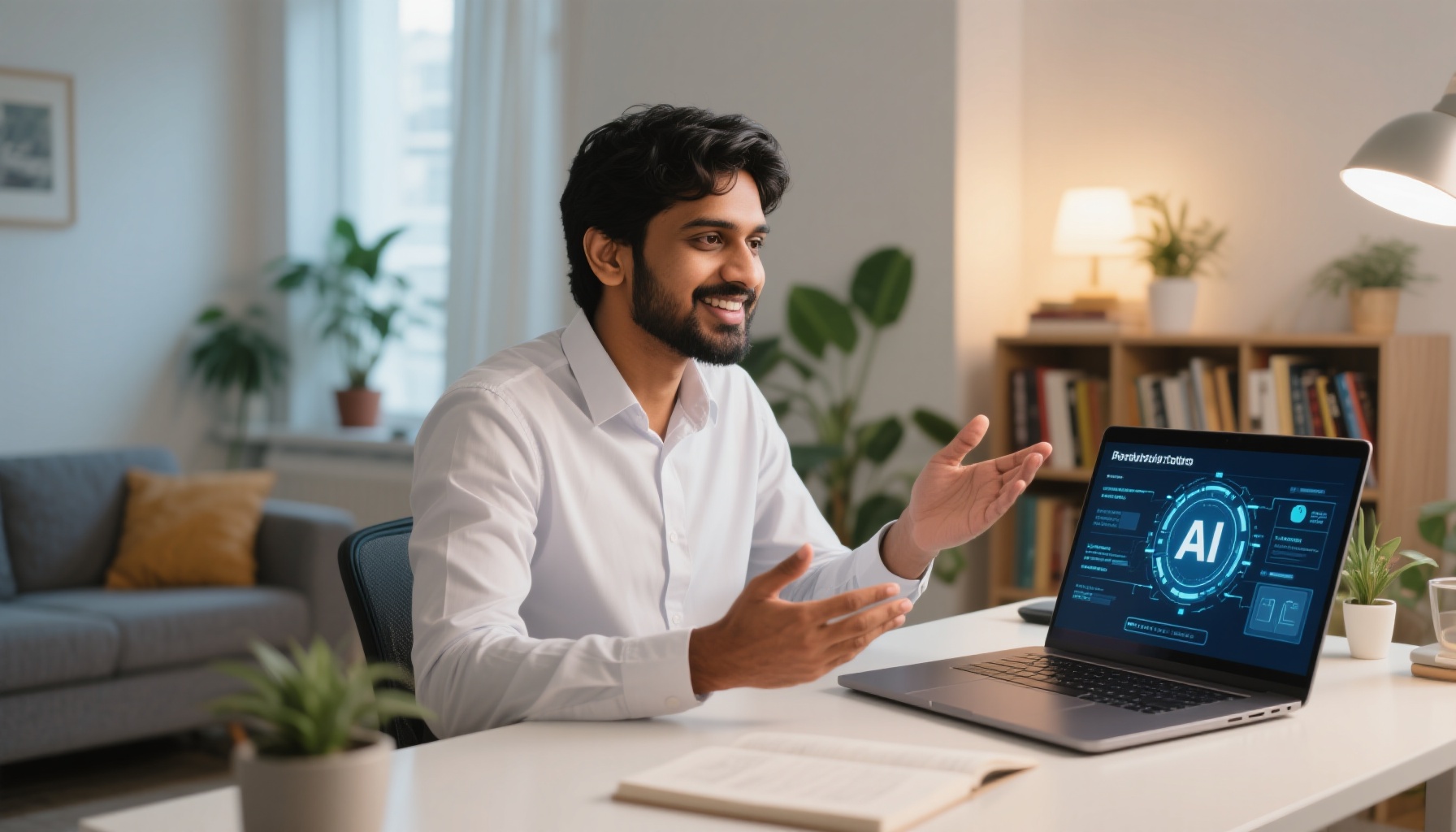 A professional practicing interview skills with AI technology