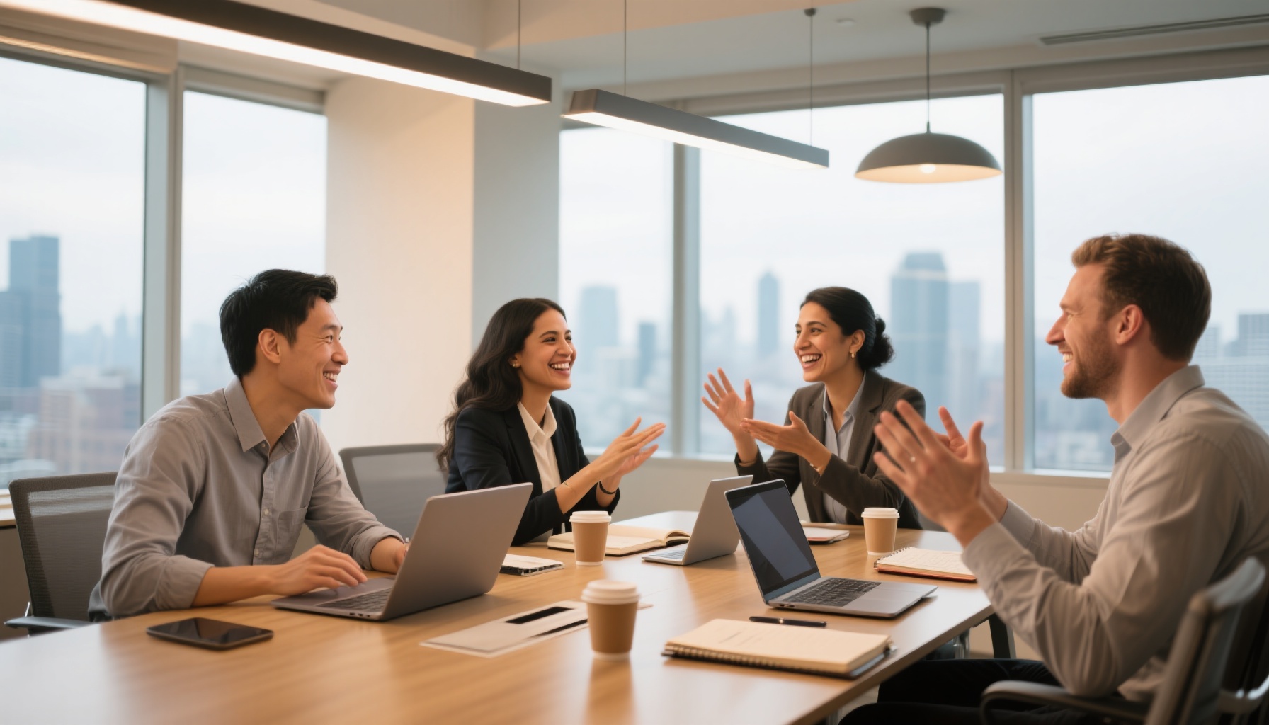 Diverse team of professionals in a collaborative meeting room discussion