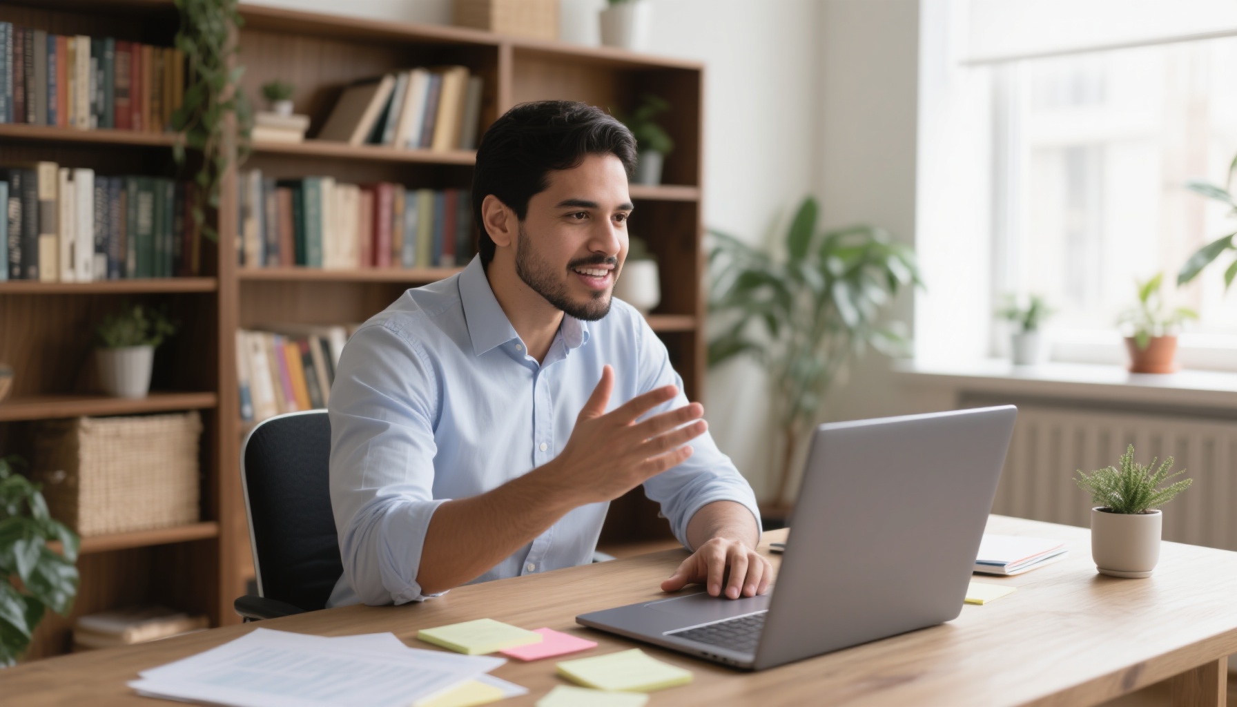 Professional man practicing interview responses in a quiet home office