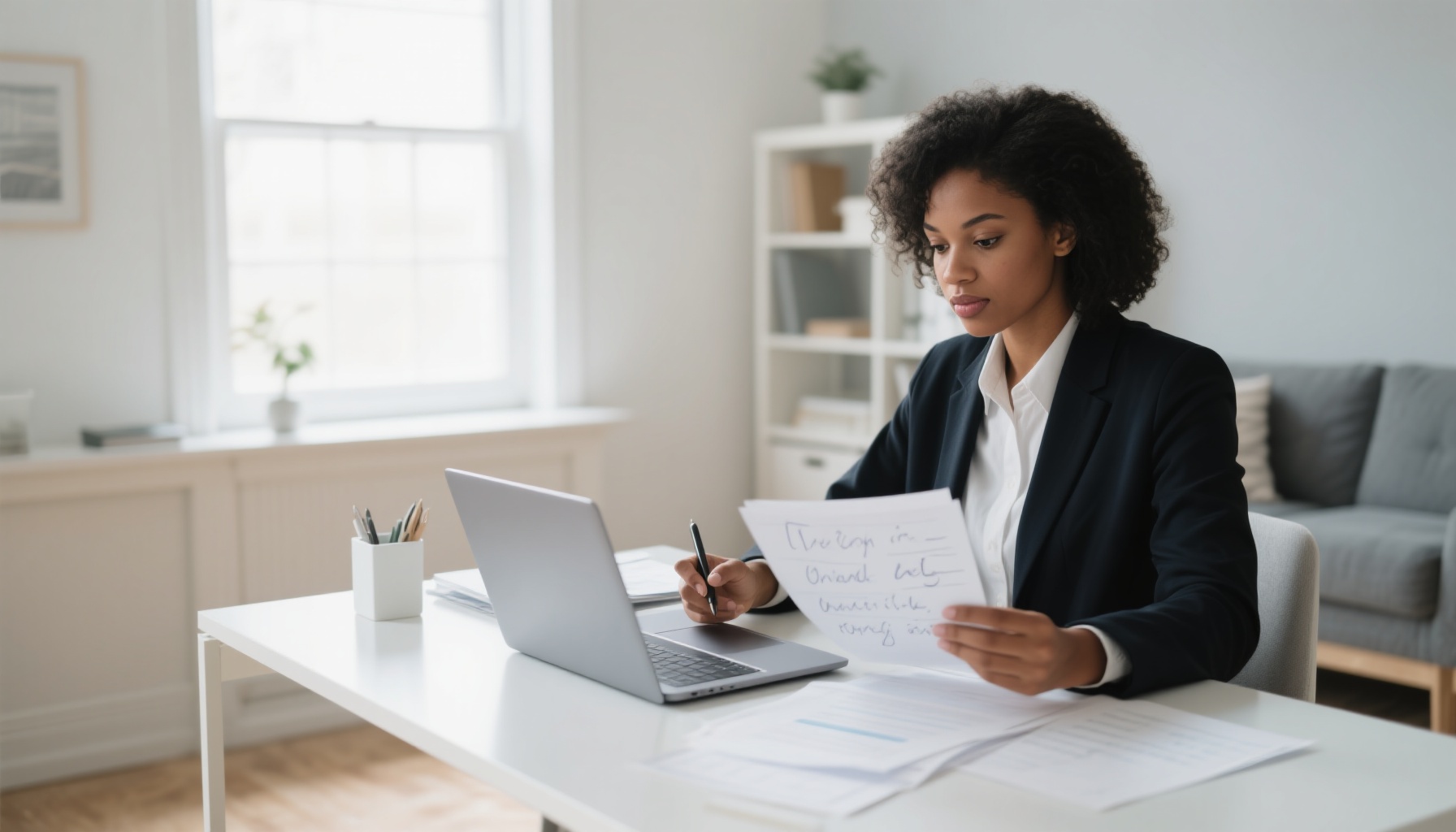 Professional woman reviewing interview notes at a clean desk setup