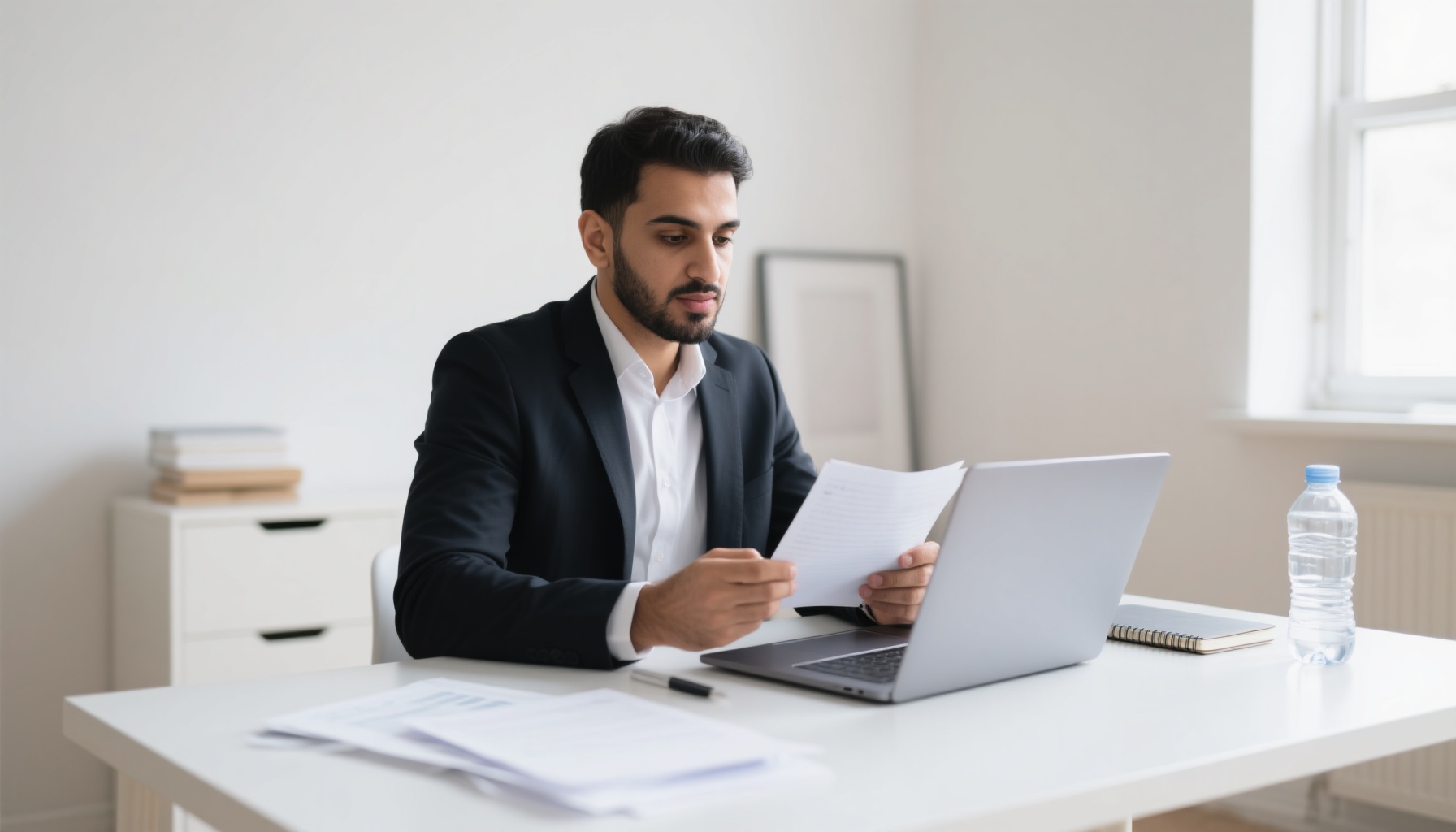 Professional preparing for job interview with notes and laptop