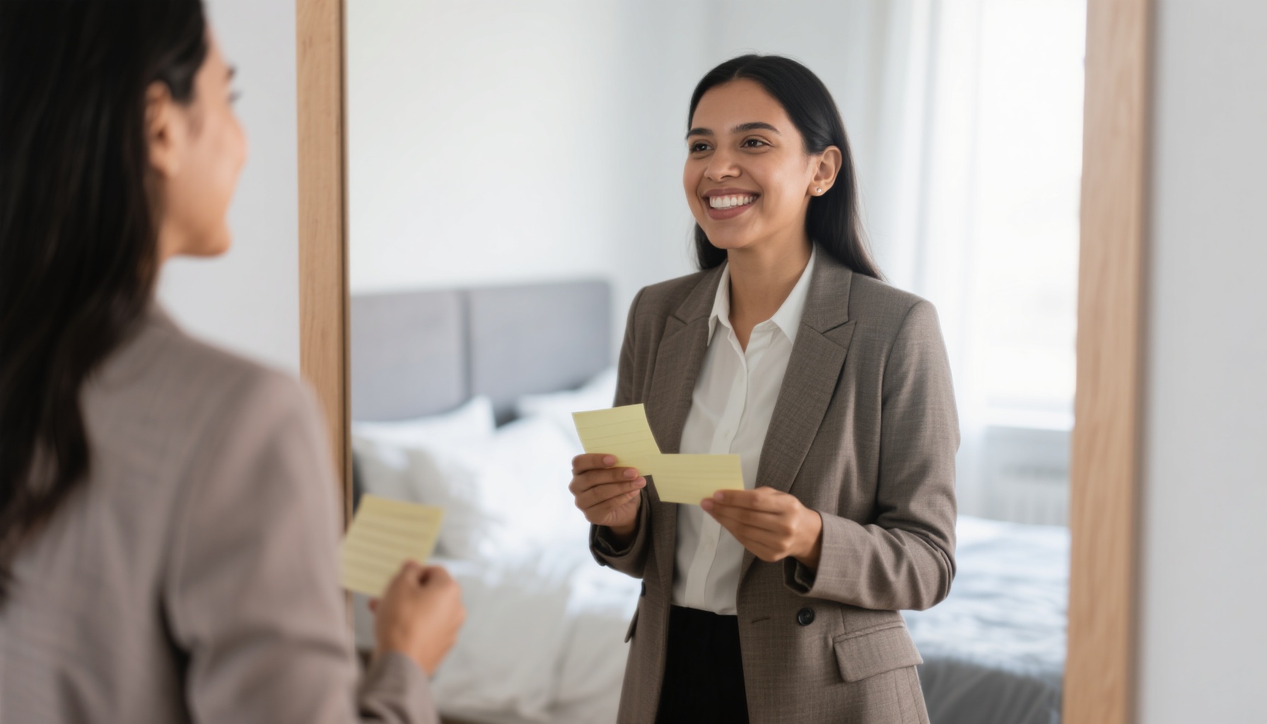 Professional practicing interview responses at home