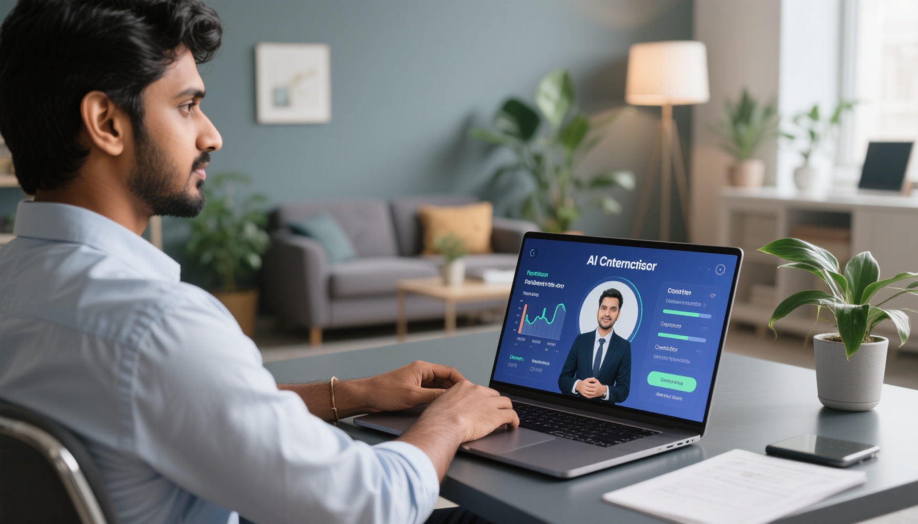 Professional using AI interview coaching platform on laptop