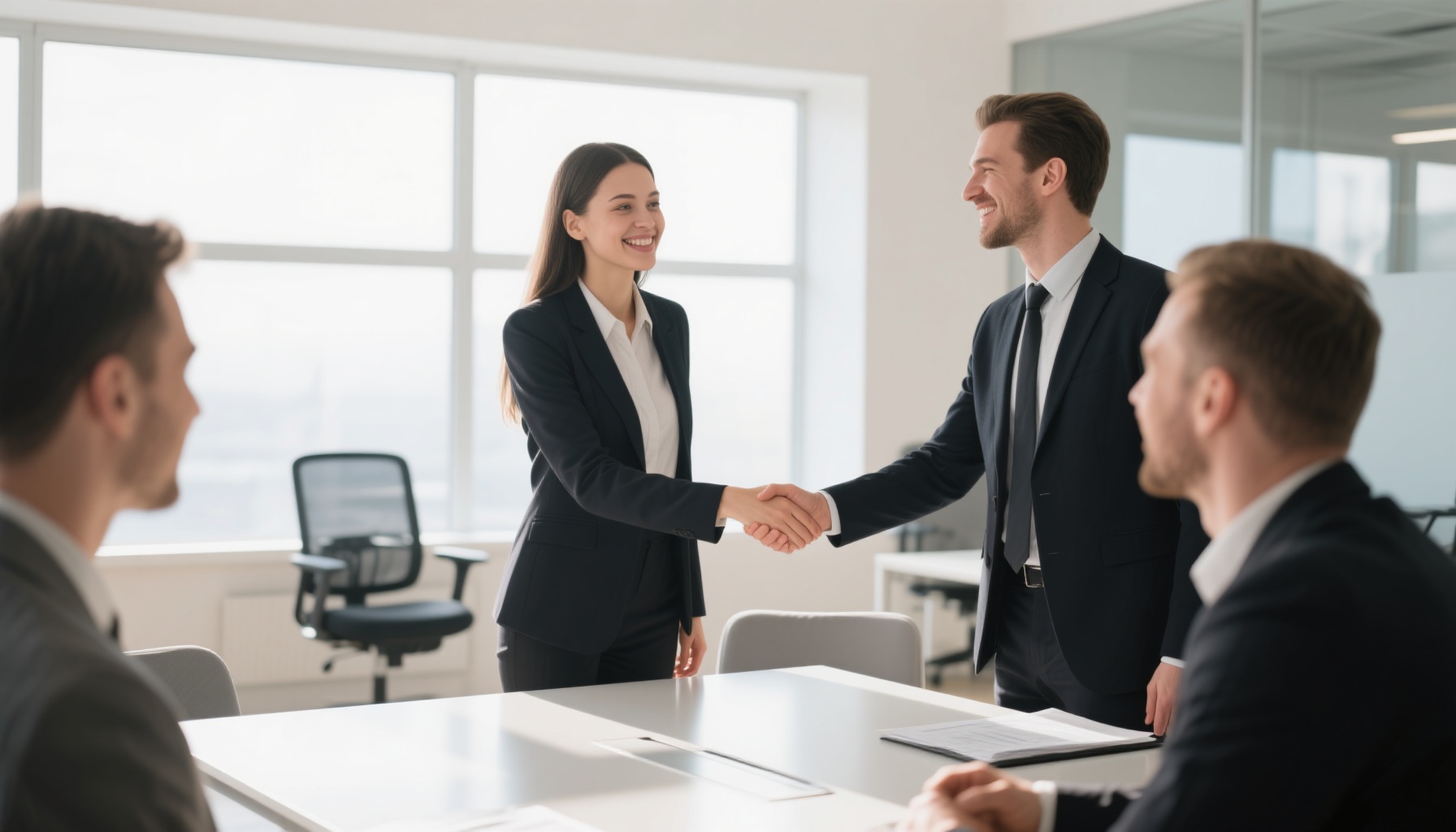Professional handshake between interviewer and candidate in modern office