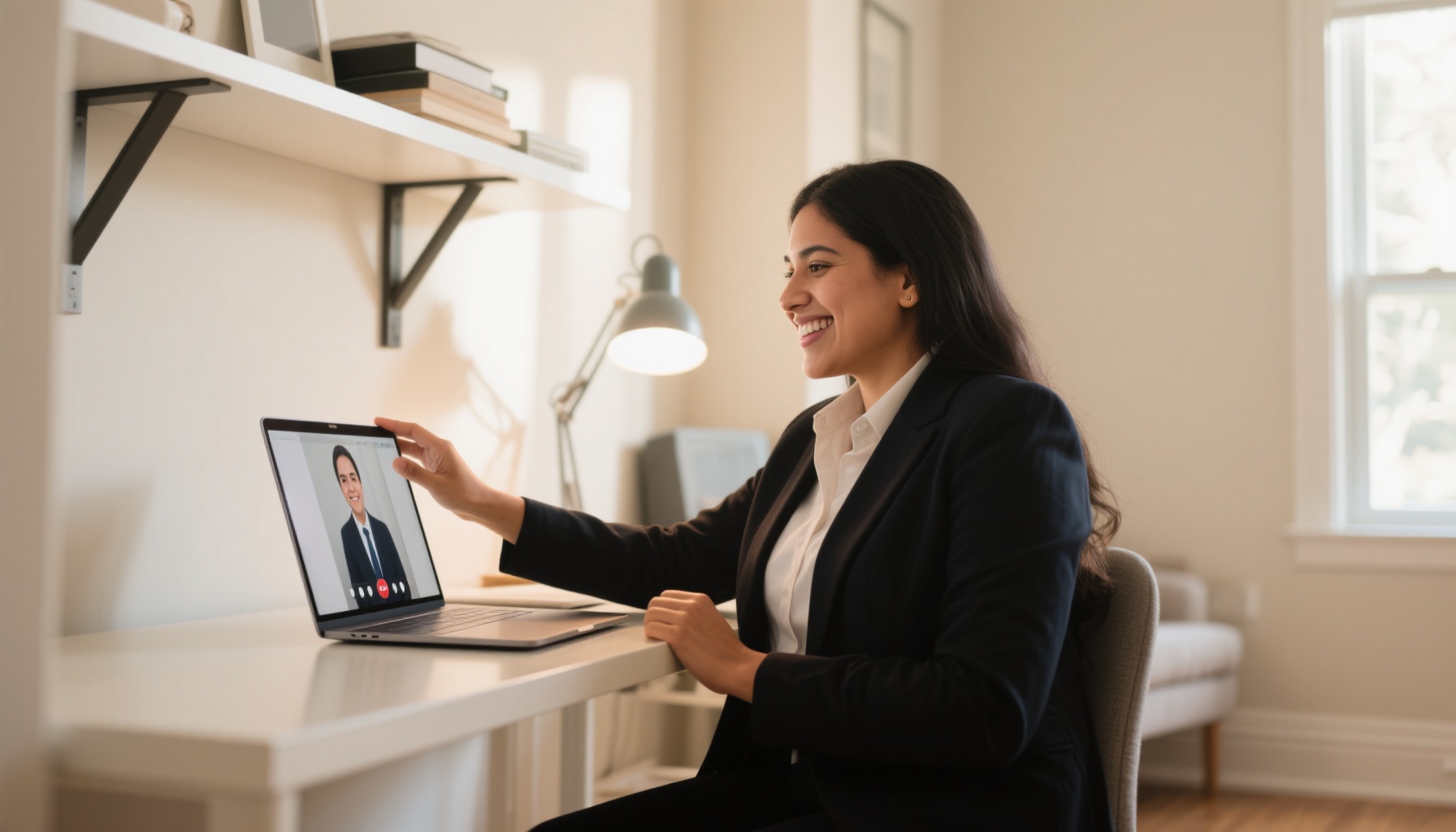Professional woman setting up laptop for virtual interview in home office