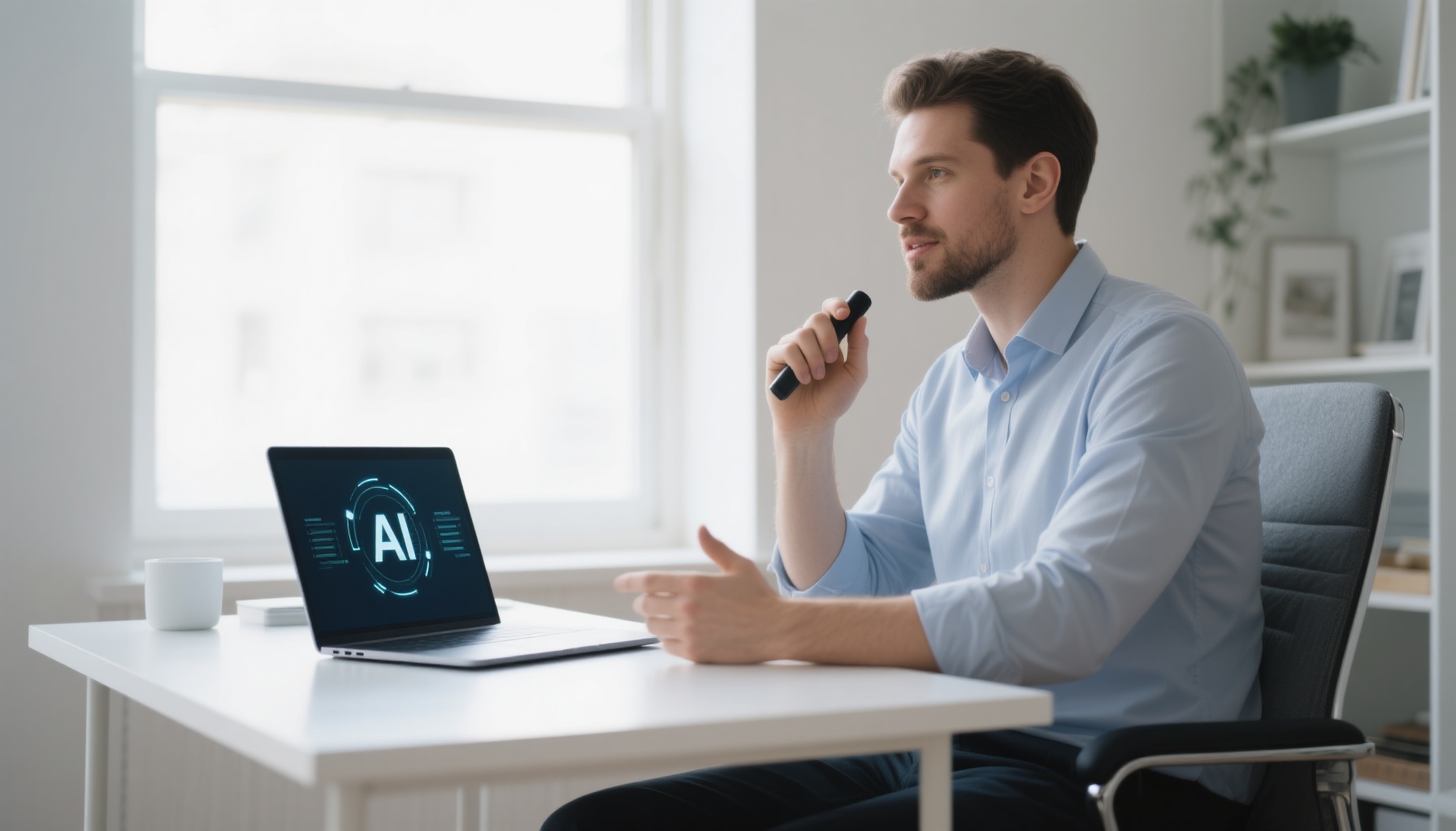 Professional candidate speaking to AI interview system on laptop