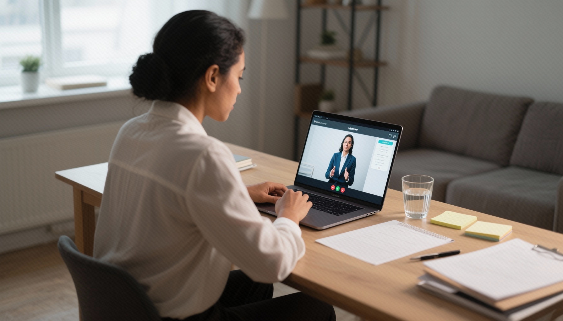 Person practicing virtual interview on laptop with notes nearby