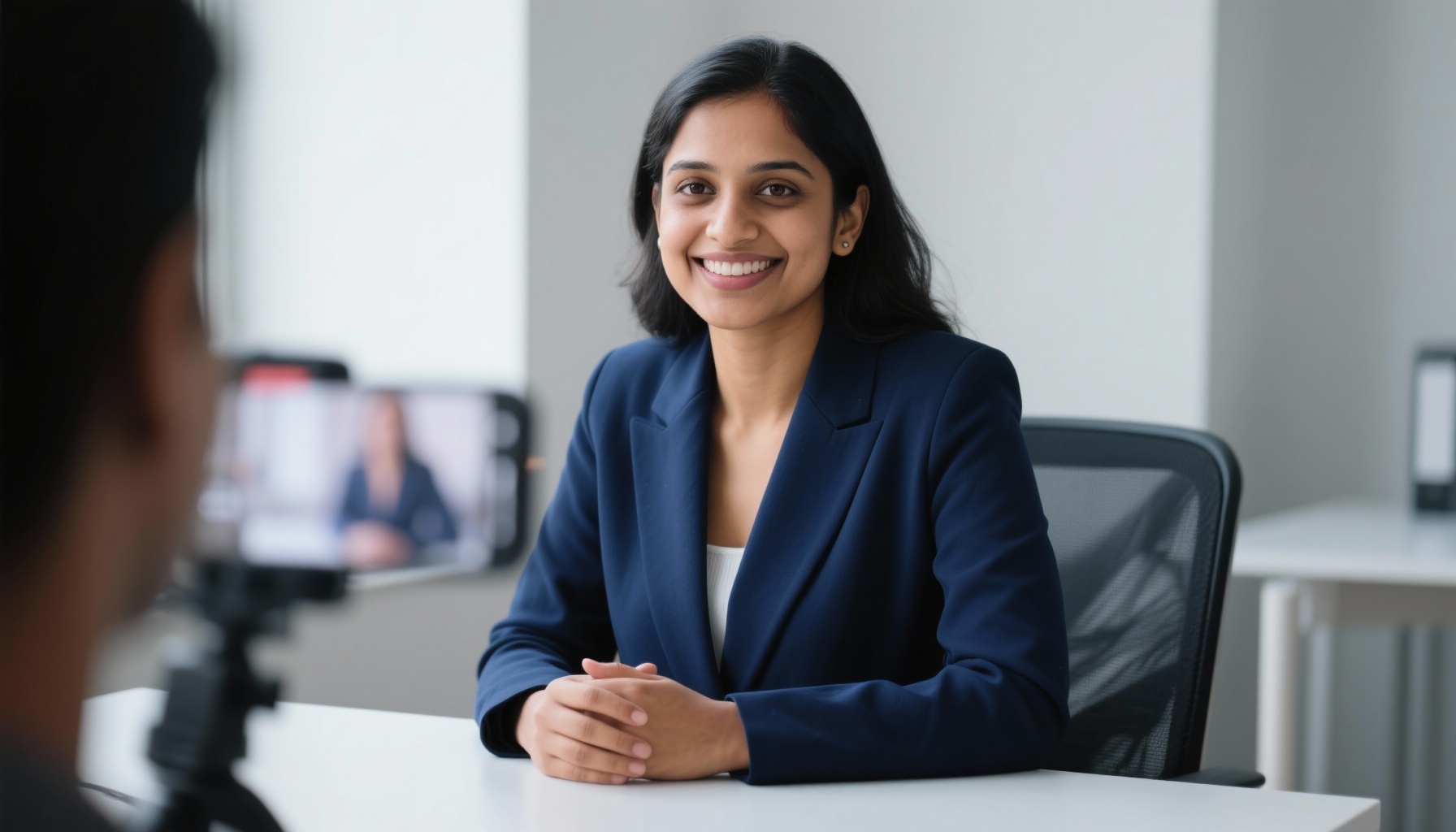 Professional woman in solid color blazer during virtual interview