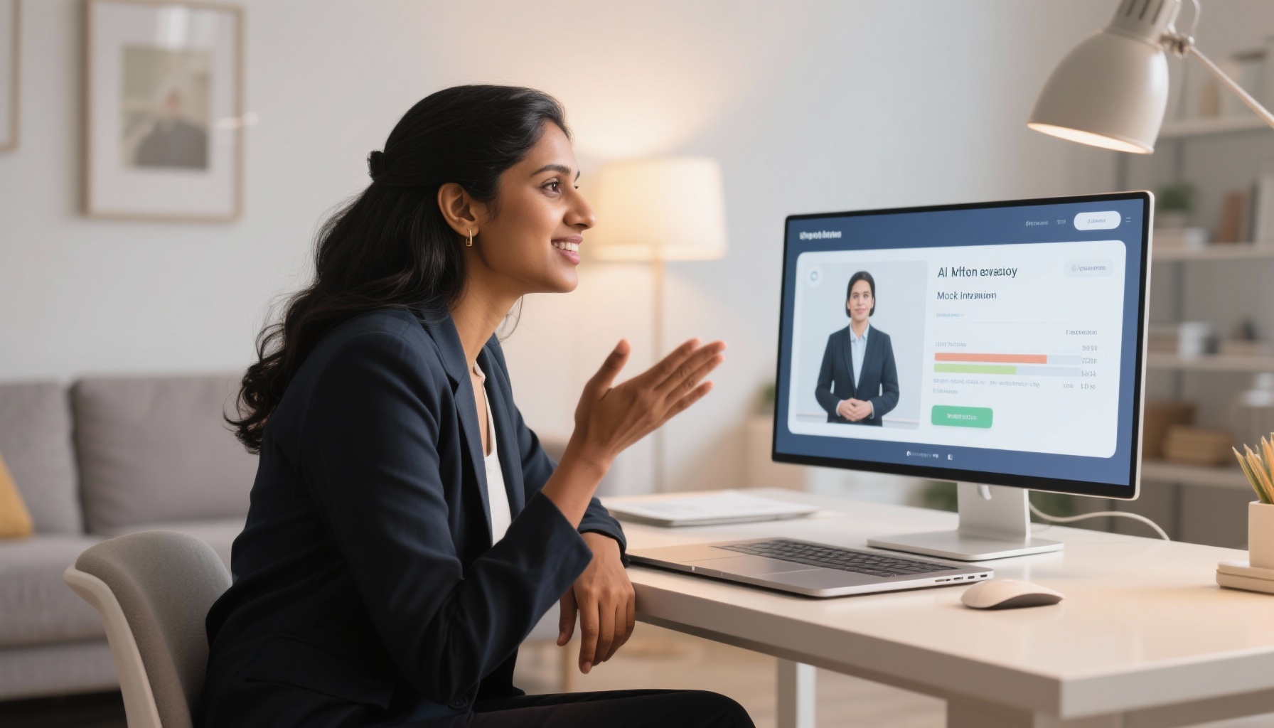 Professional using AI interview practice tool on laptop