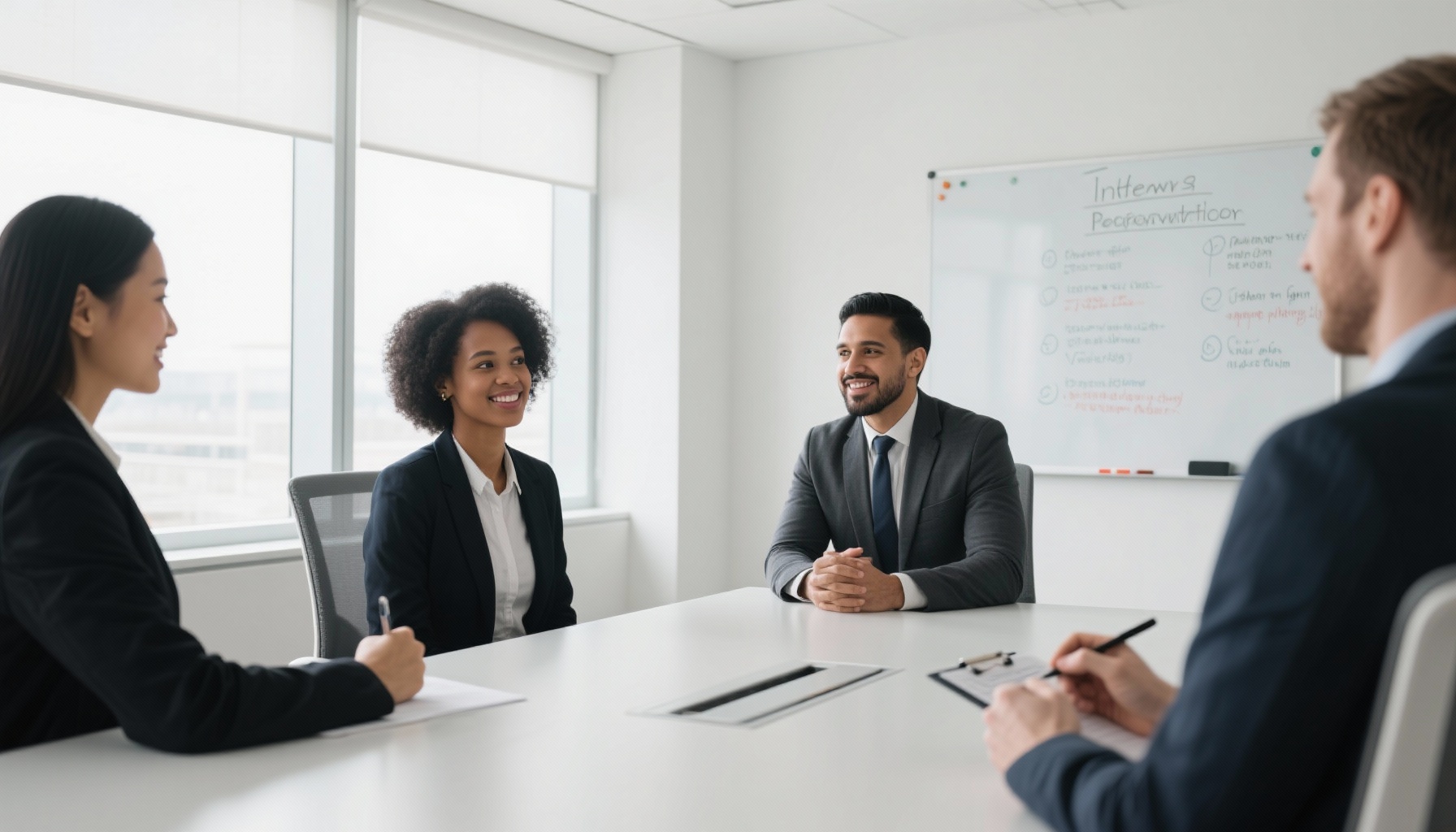 Diverse group practicing interview skills in modern conference room