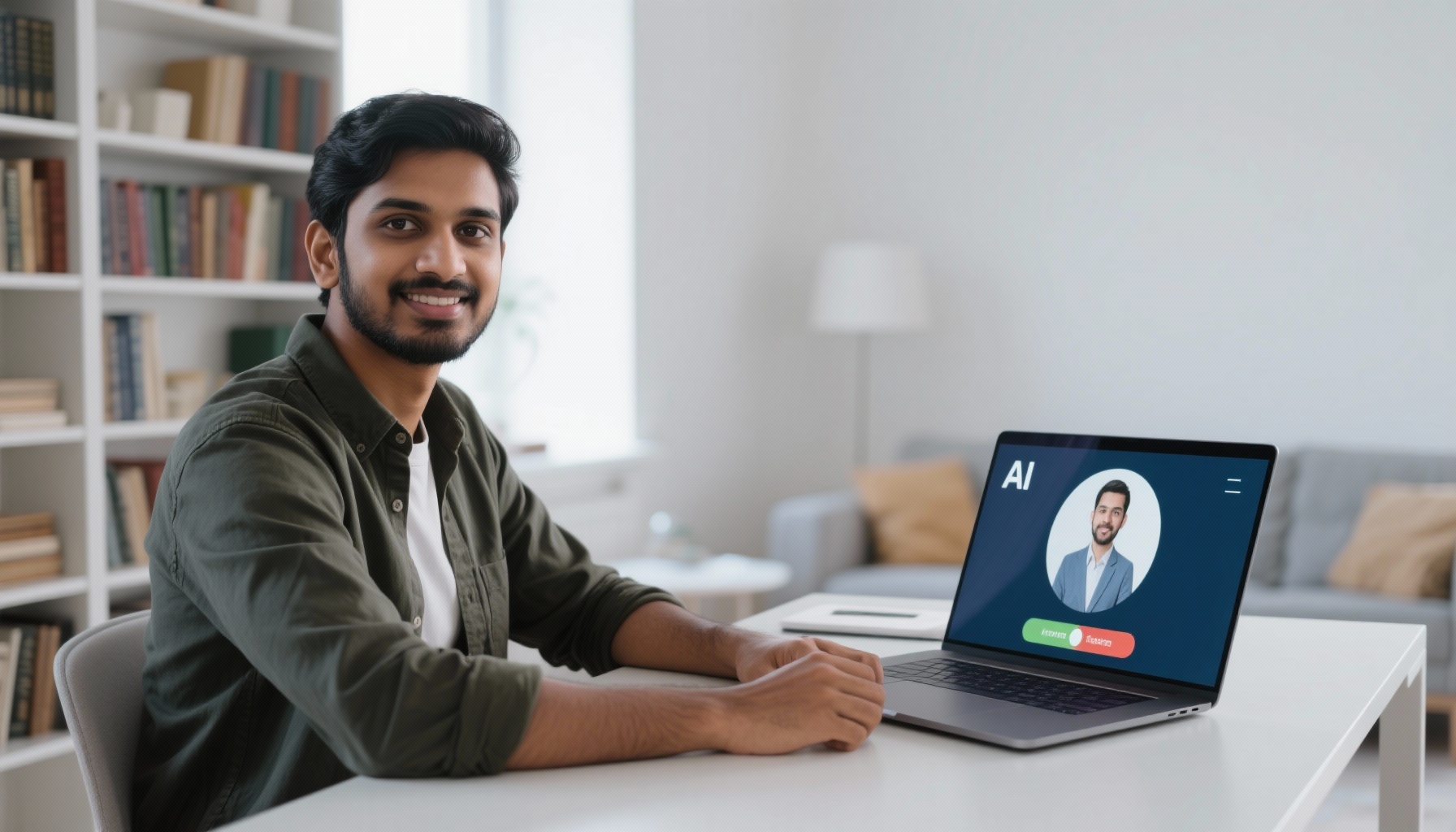 Professional candidate preparing for AI interview at home office setup