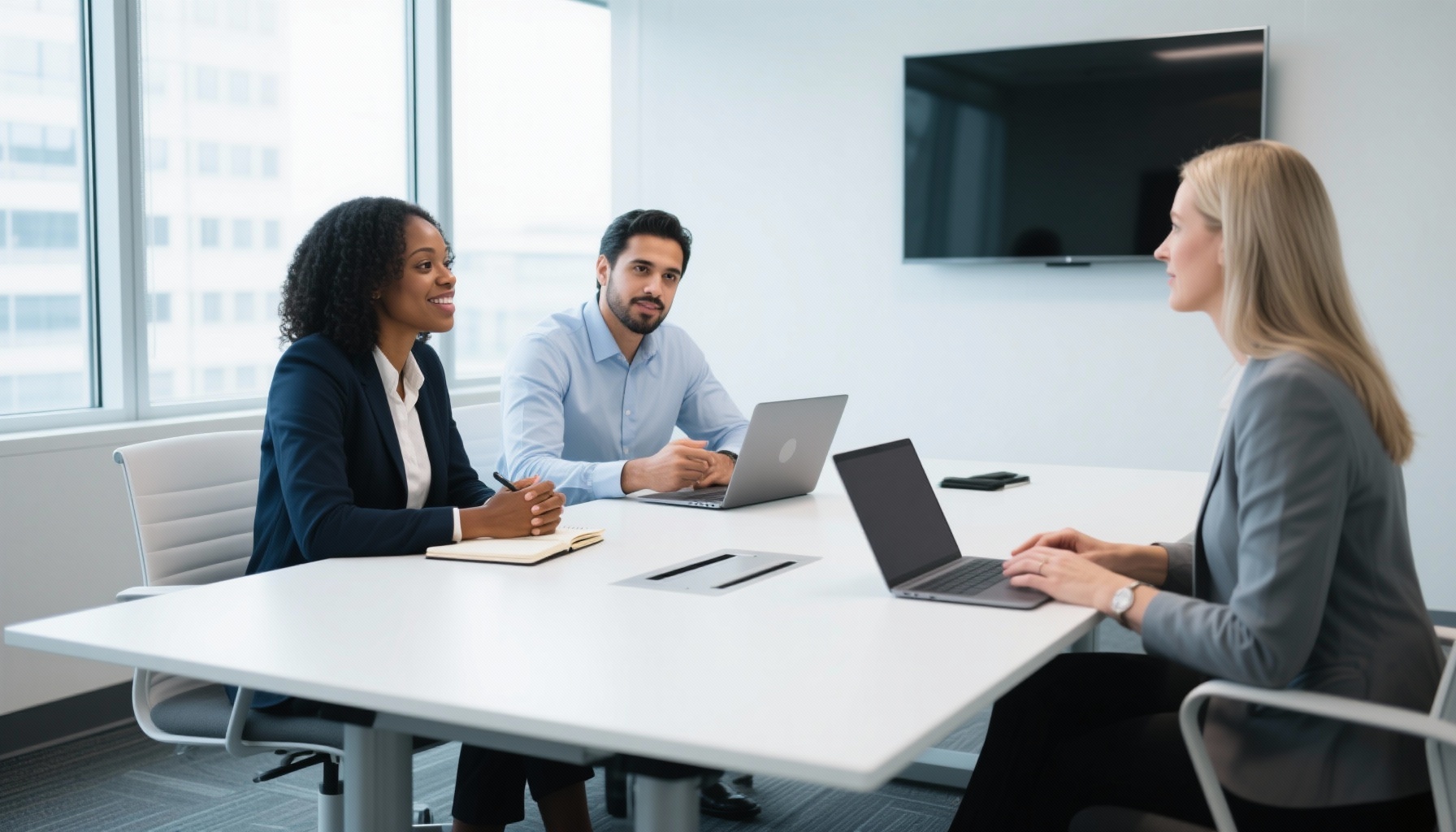 Diverse group of professionals practicing interview skills in modern training room