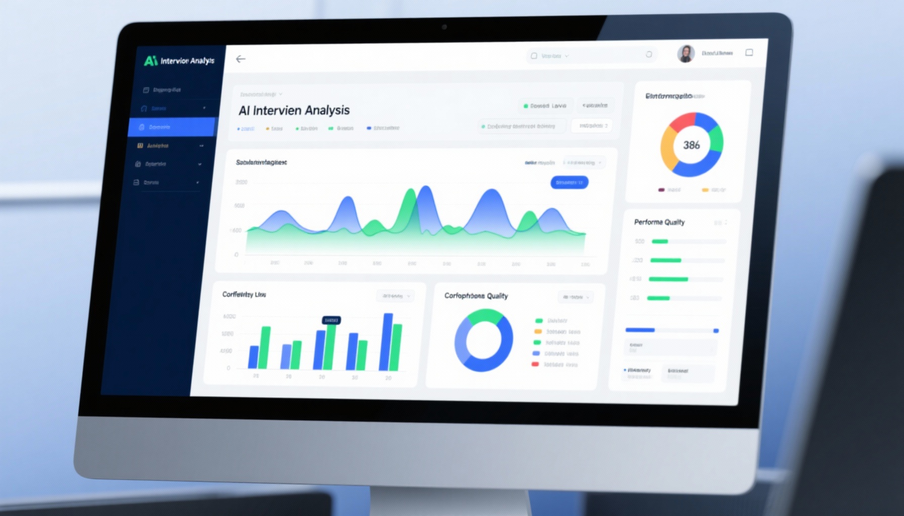 Split screen showing AI analysis dashboard with speech patterns and candidate metrics
