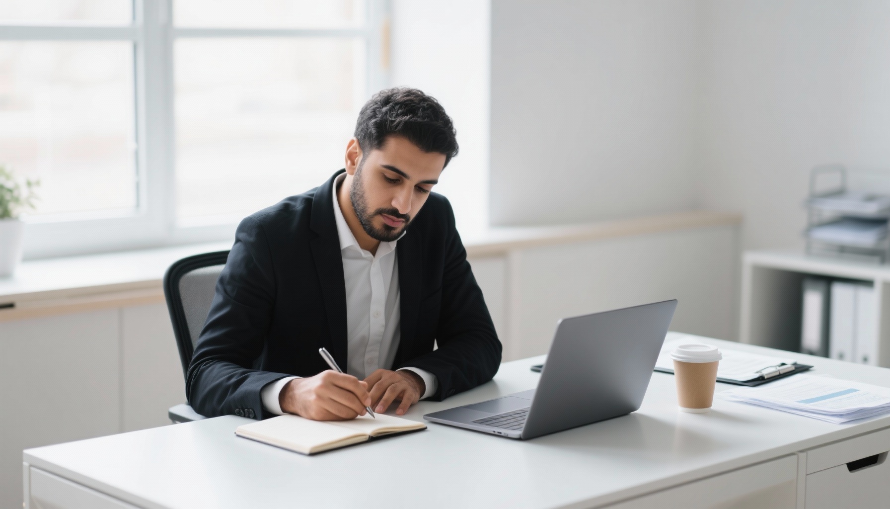 Professional preparing for interview with organized notes and laptop