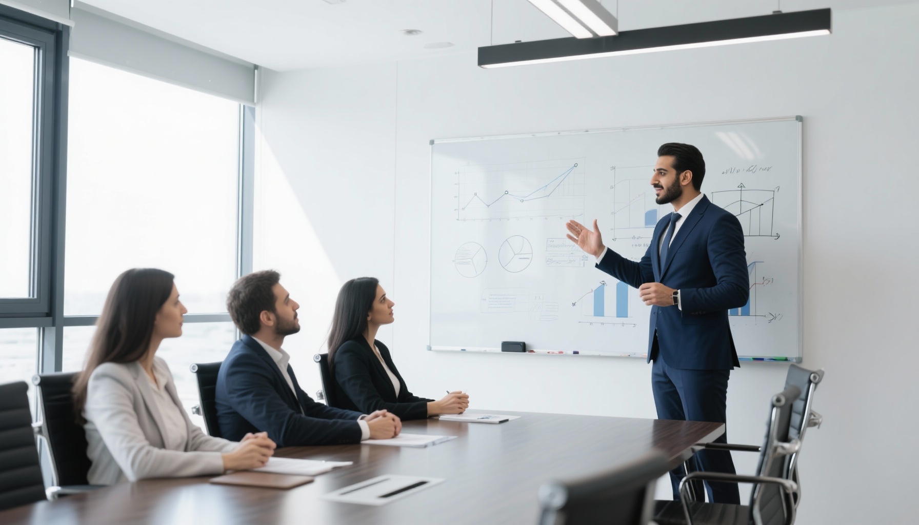 Professional man presenting strategy on whiteboard to colleagues