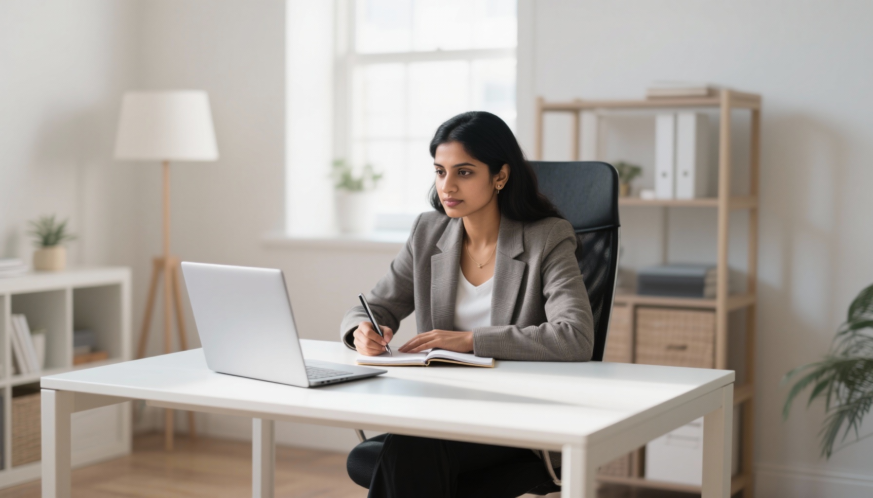 Professional woman preparing for interview with notes and laptop