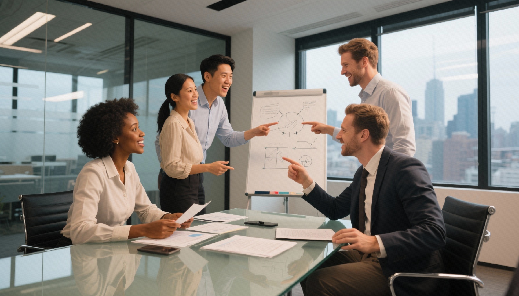 Diverse team collaborating in modern office meeting room