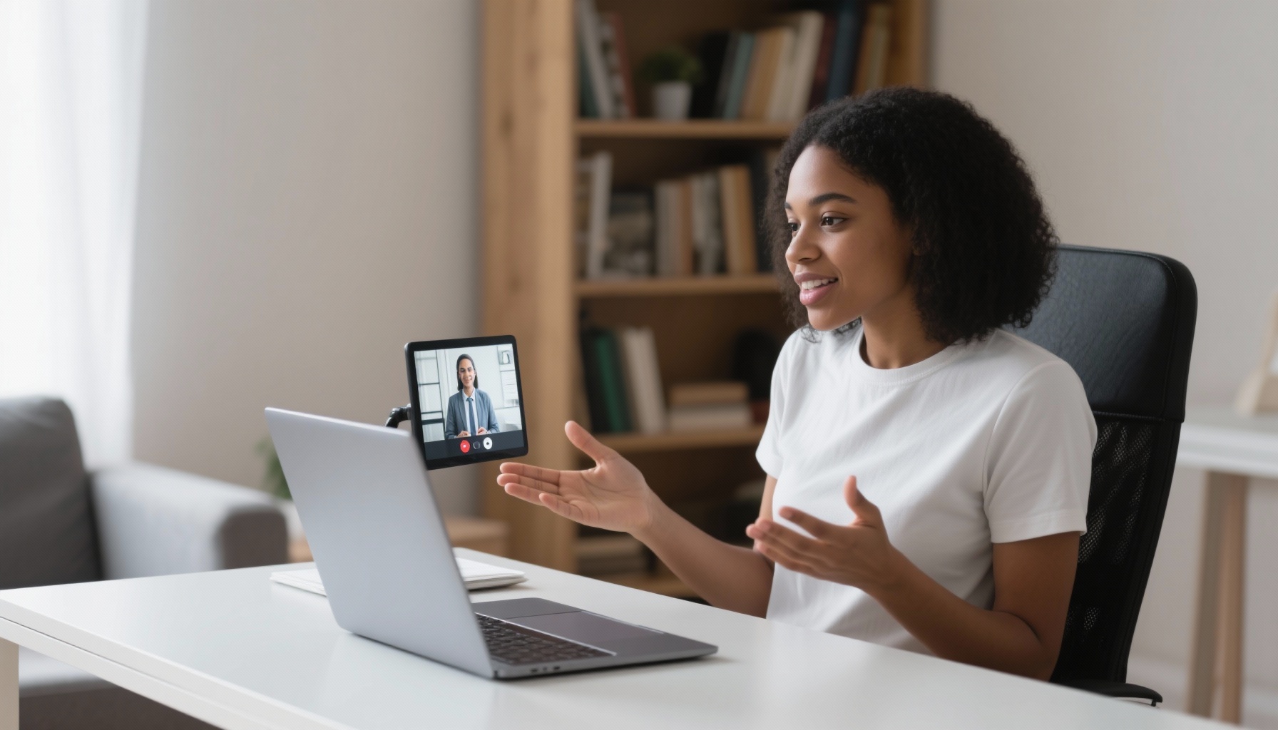 Person practicing interview with laptop showing video call interface