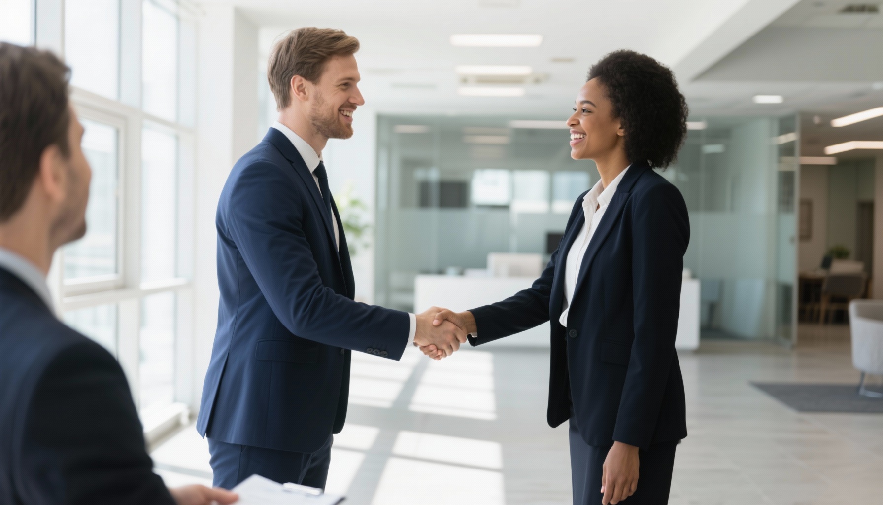 Confident handshake between interviewer and candidate
