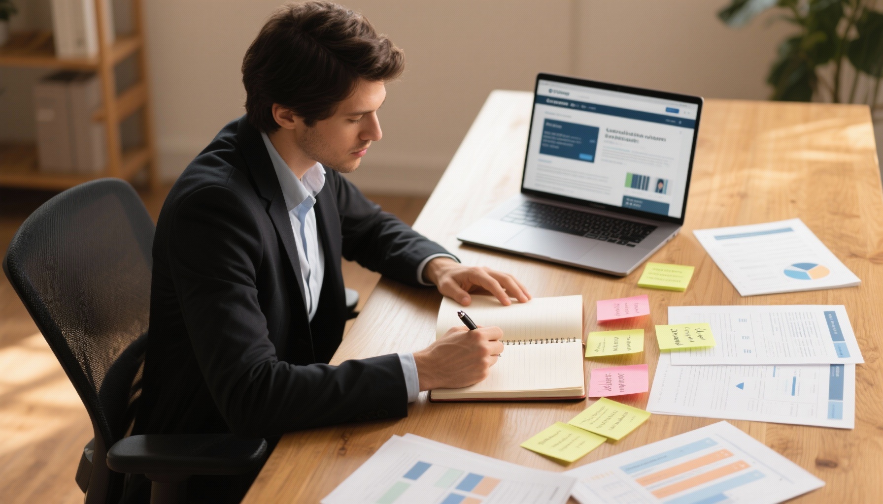 Professional taking notes during interview preparation