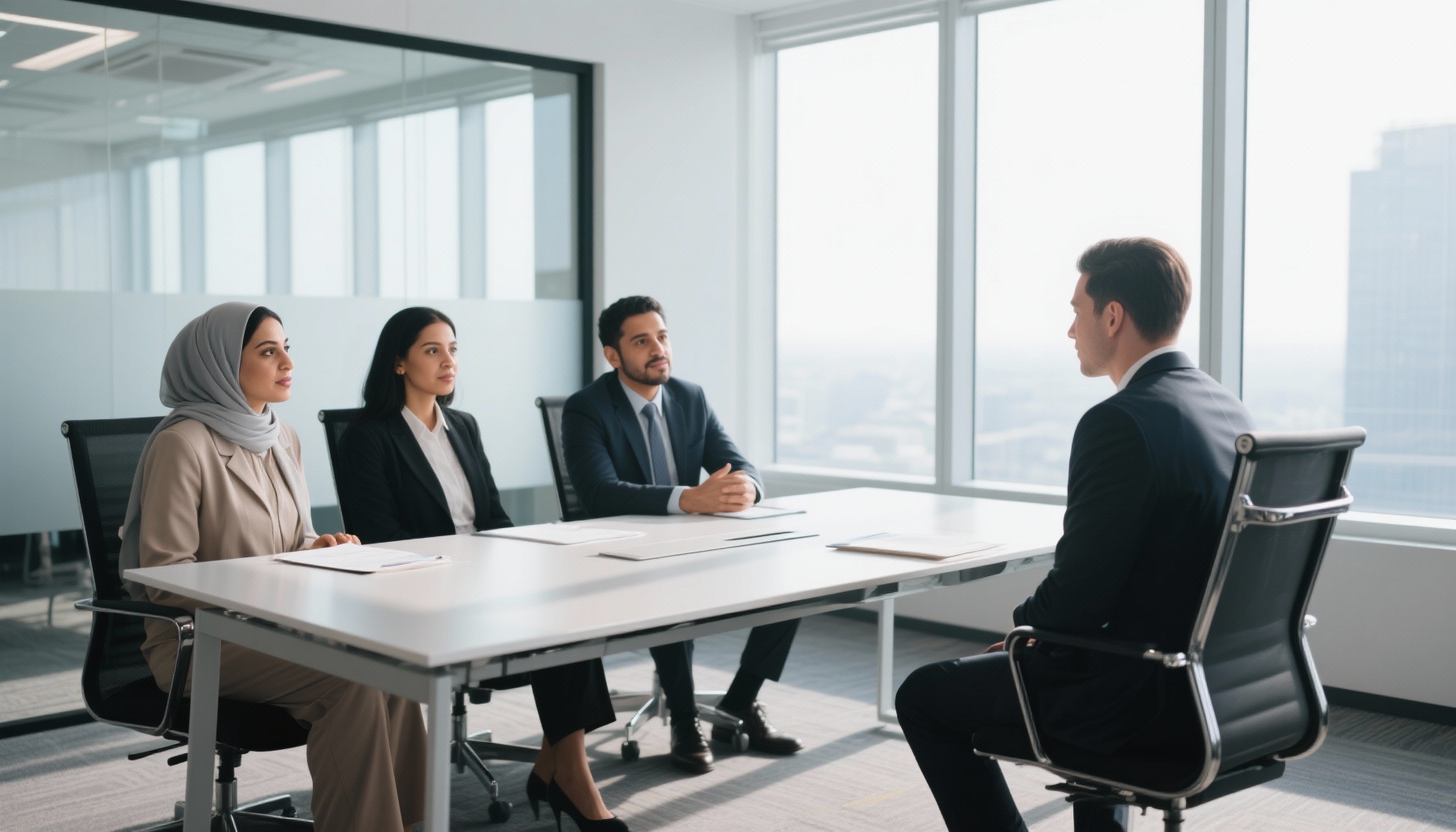 Diverse group of professionals in a modern interview setting