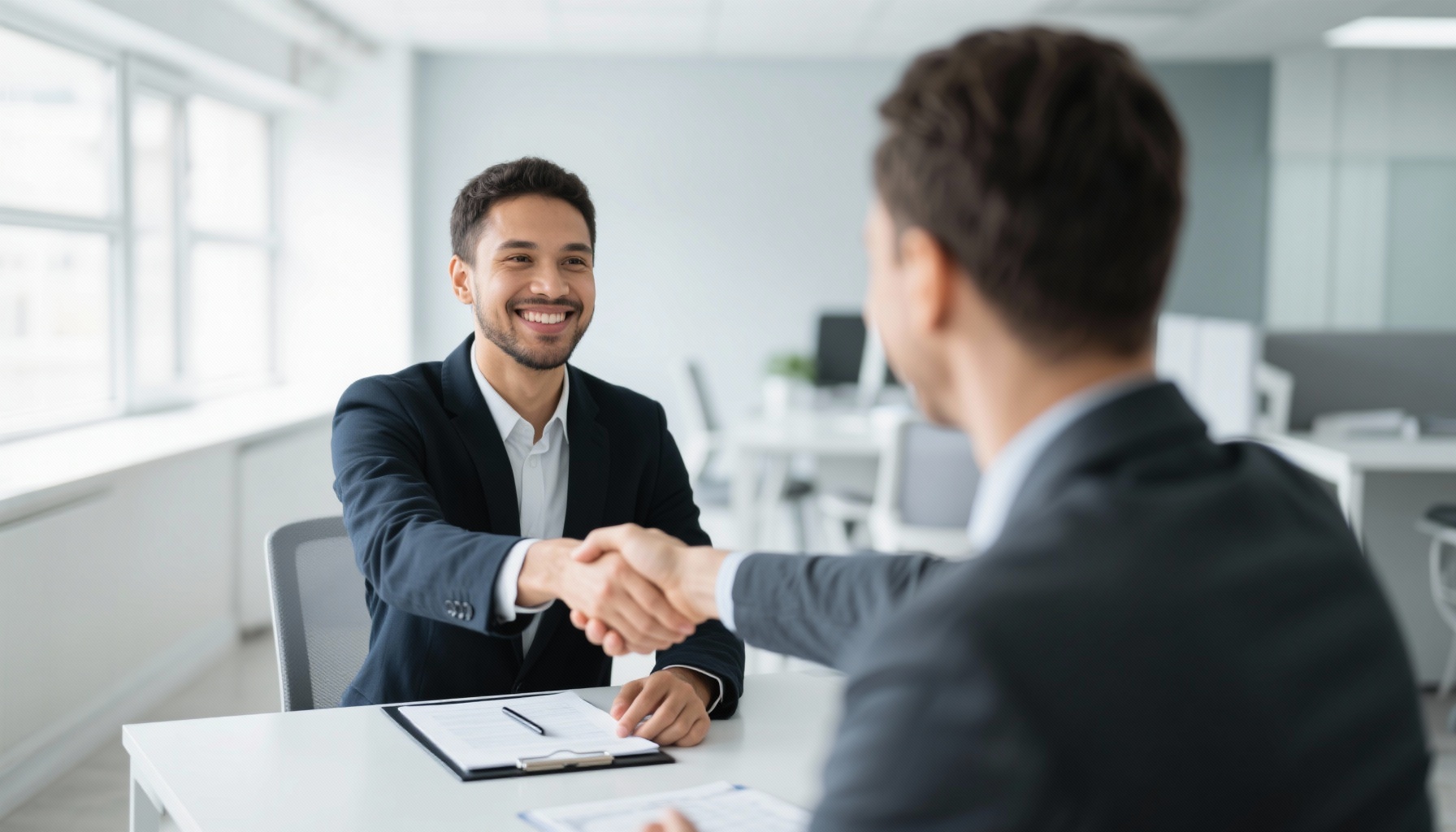 Confident professional in successful interview handshake