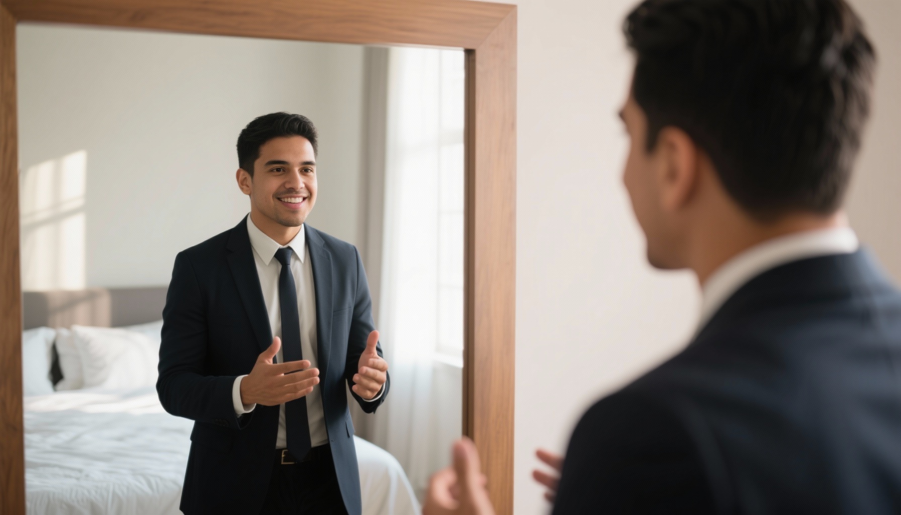 Professional practicing interview responses with confidence