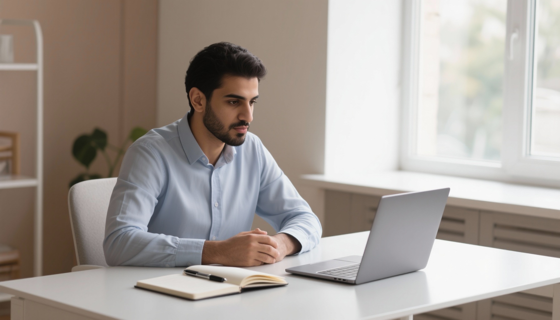 A confident professional preparing for an interview with notes and laptop