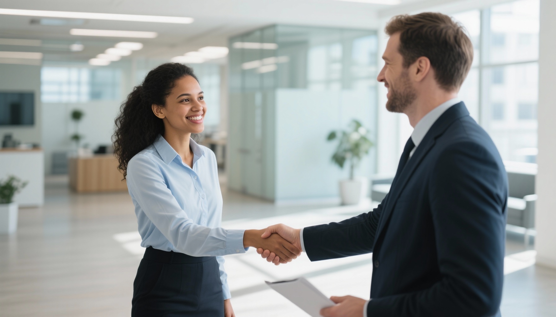 A successful job candidate shaking hands after a positive interview